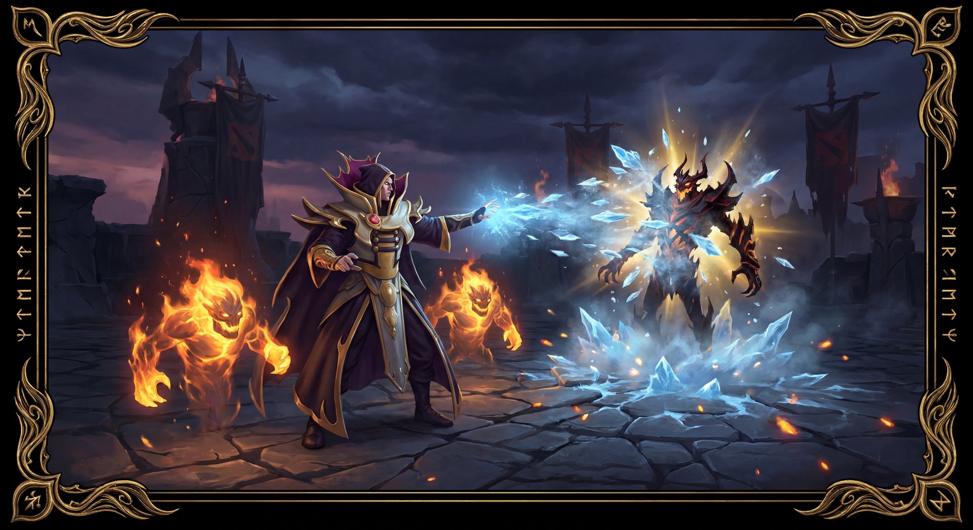 Invoker mid lane laning phase with Forge Spirits in Dota 2 style