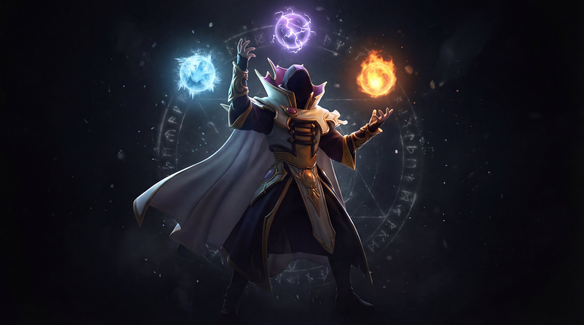 Invoker Dota 2 hero cinematic portrait with gold accents