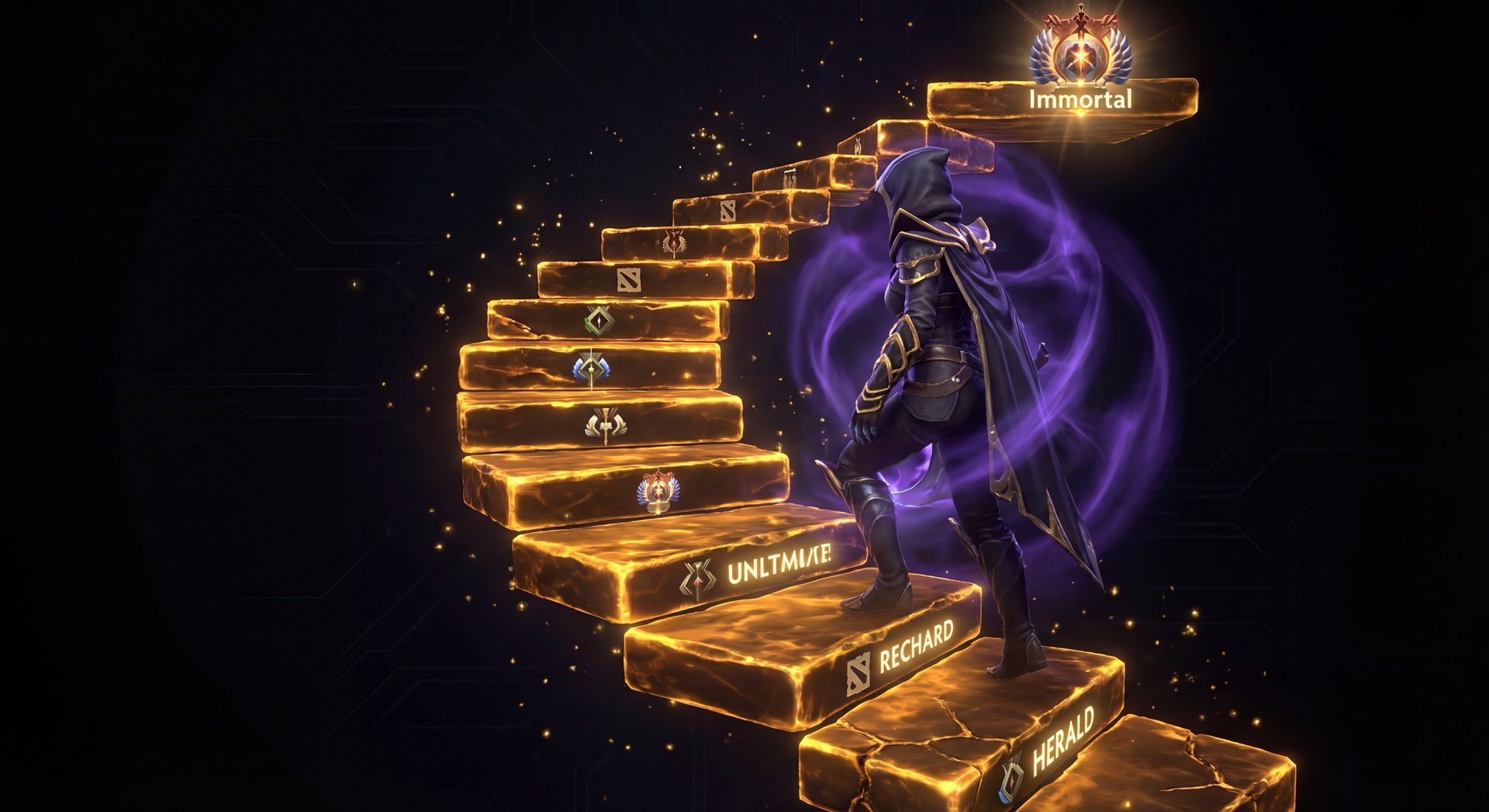 Phantom Assassin rank climbing progression visual with gold accents on dark background