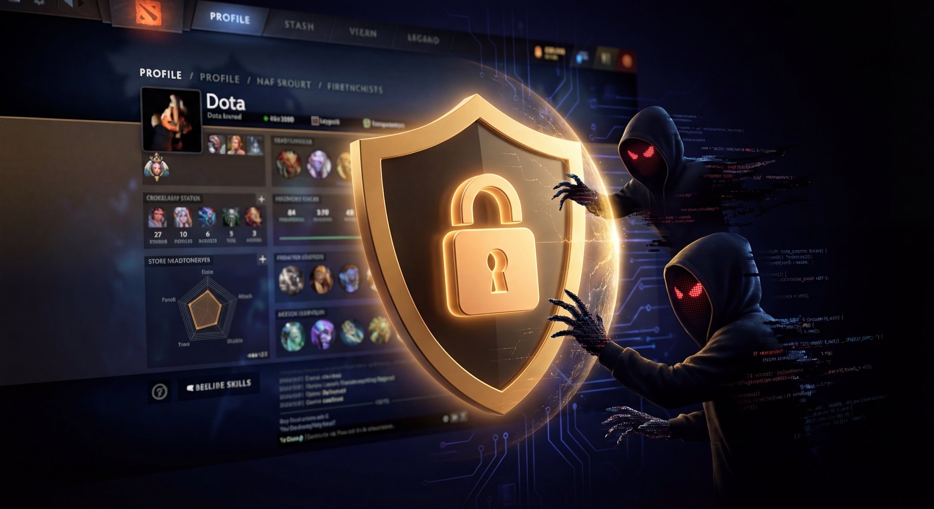Dota 2 security shield concept protecting a gaming account