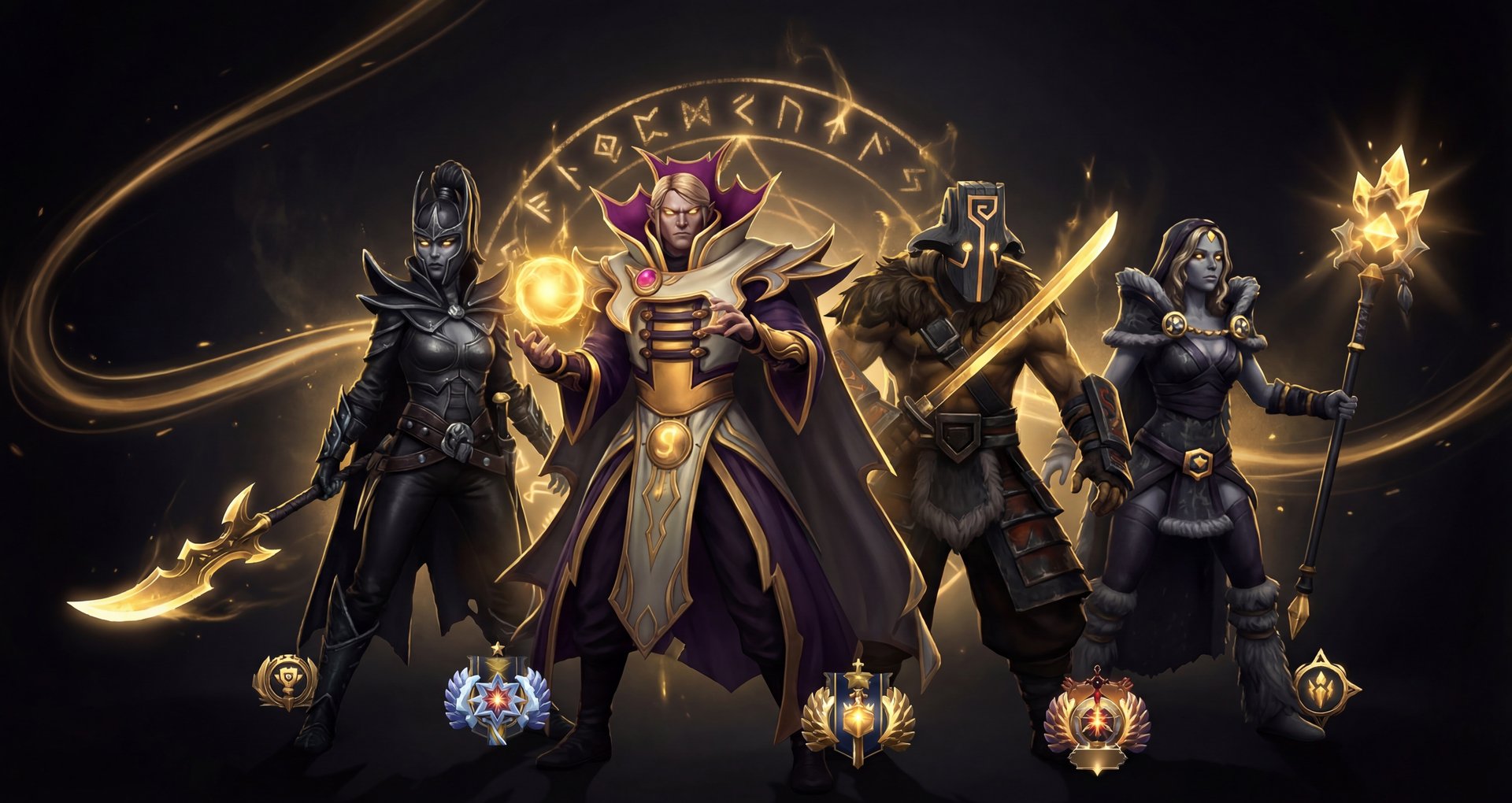 Dota 2 heroes in epic battle formation with golden MMR energy