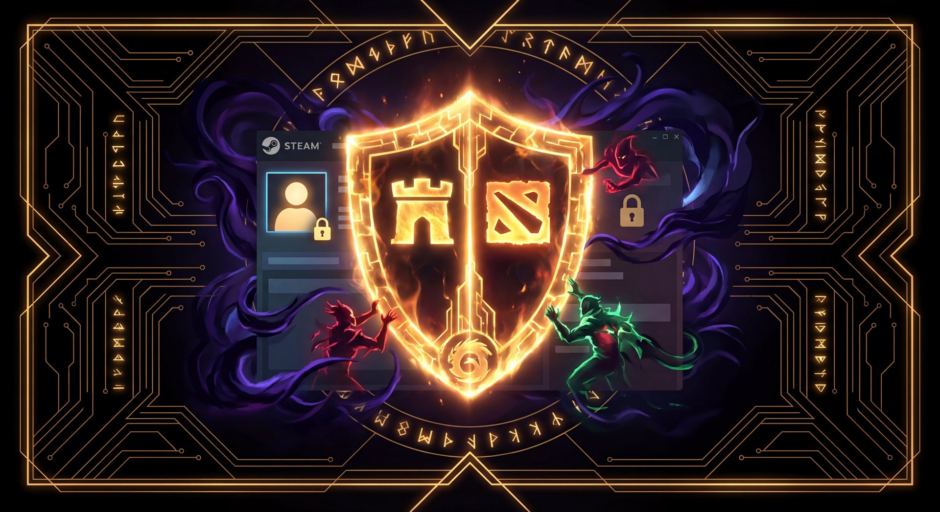 Dota 2 account security concept with lock and shield