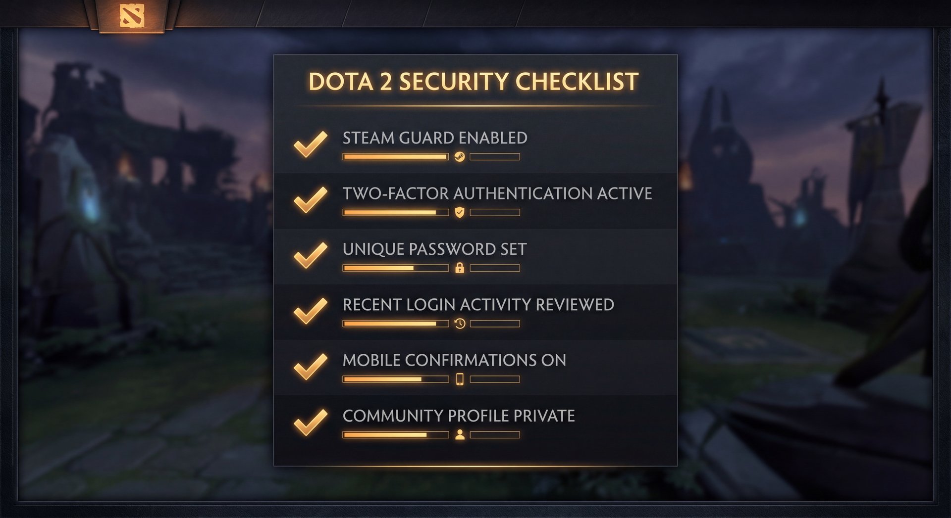 Security checklist with golden checkmarks for Dota 2 boost preparation
