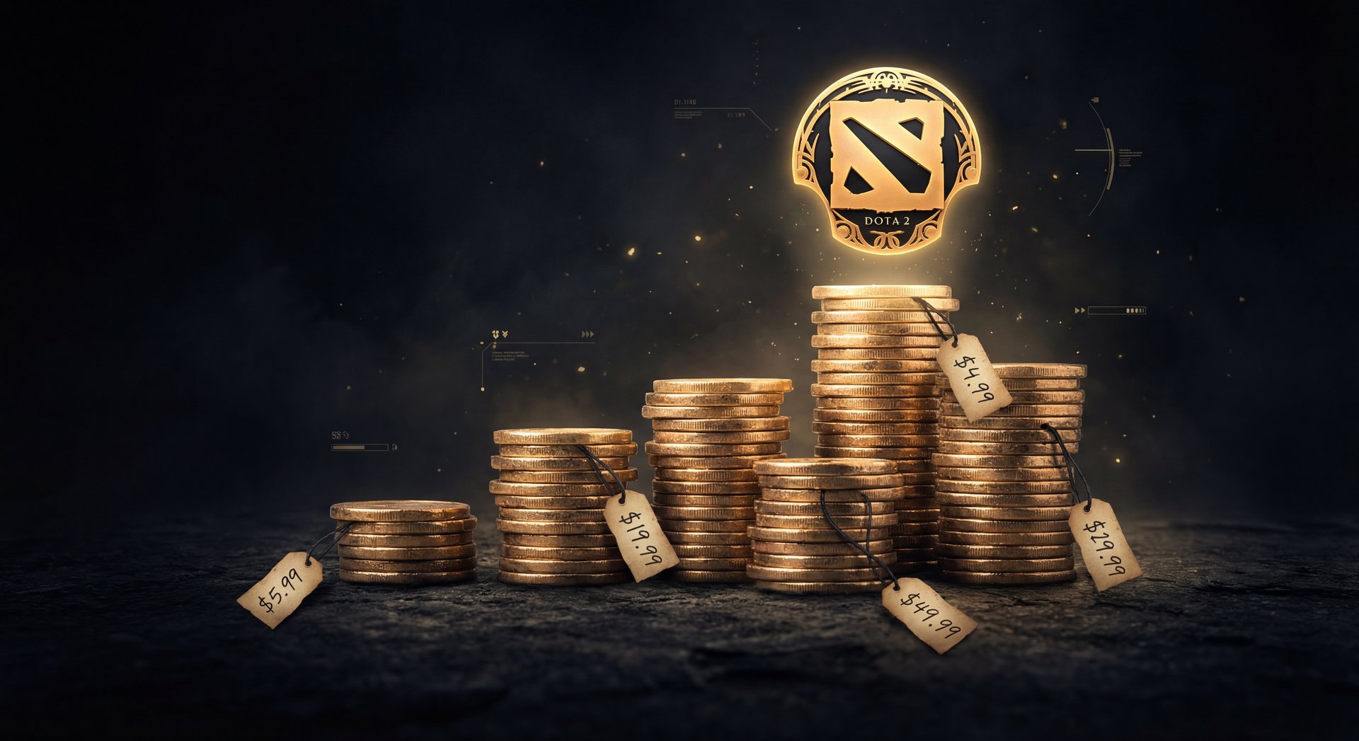 Gold coins stacking with Dota 2 logo showing boost pricing concept
