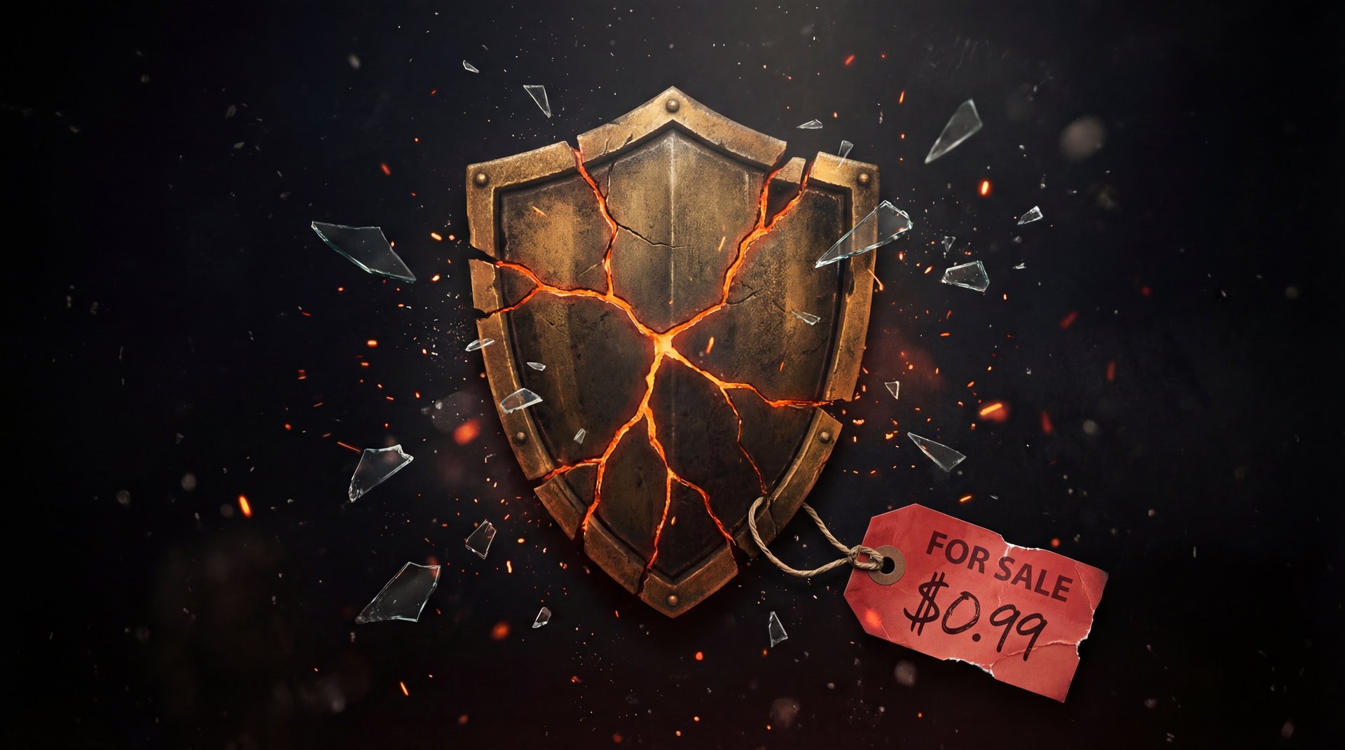 Broken shield icon with cheap price tag showing risks of cheap boost