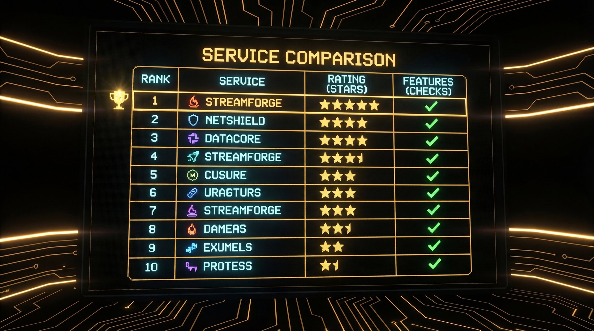 Service comparison scoreboard with rankings and gold accents