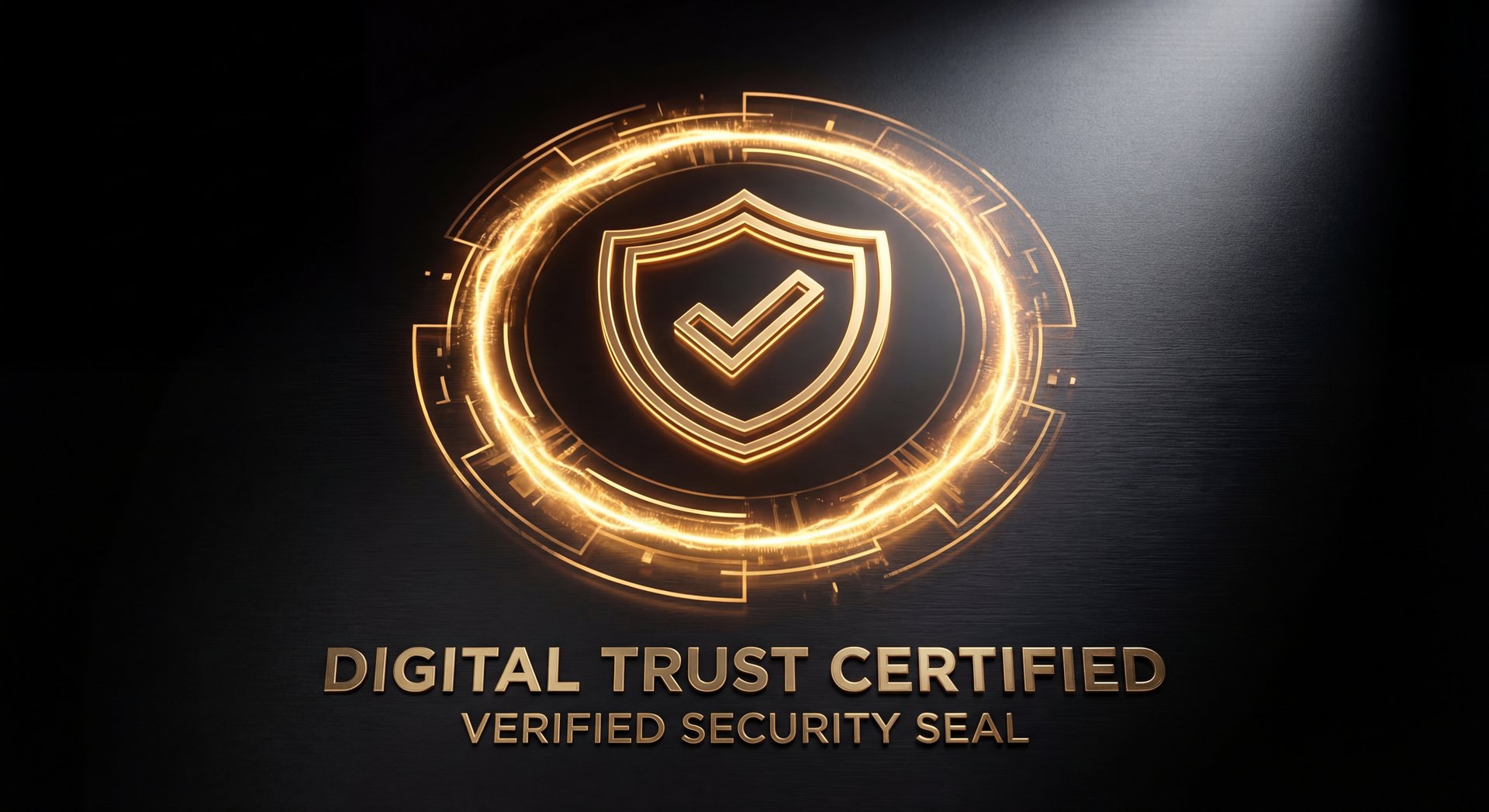E-trust badge spotlight on dark cinematic background with gold glow
