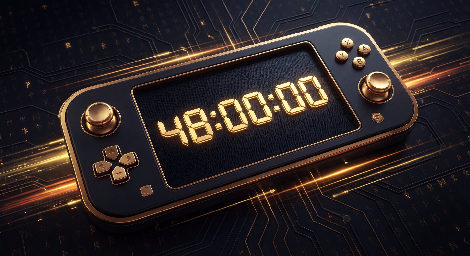 Stopwatch showing 48-hour completion time with gold gaming aesthetic