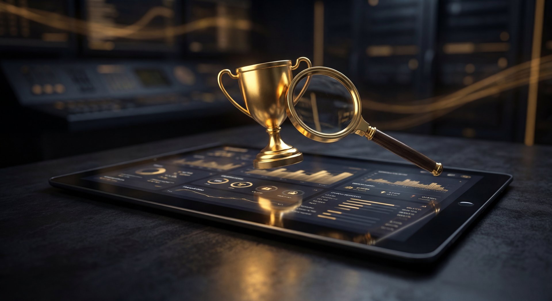 Trophy with magnifying glass analyzing boost sites on dark background