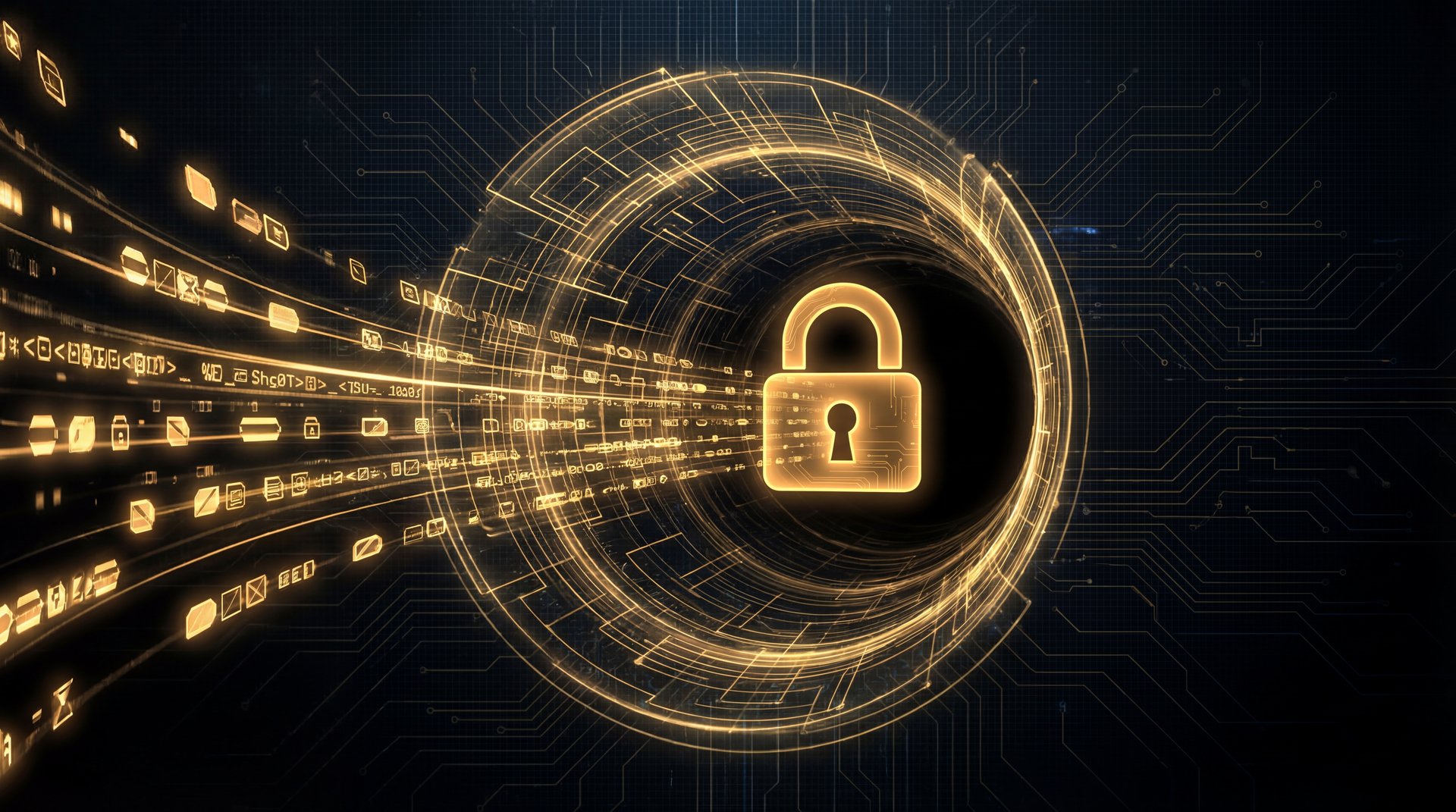 Lock icon with VPN tunnel visualization and golden security shield