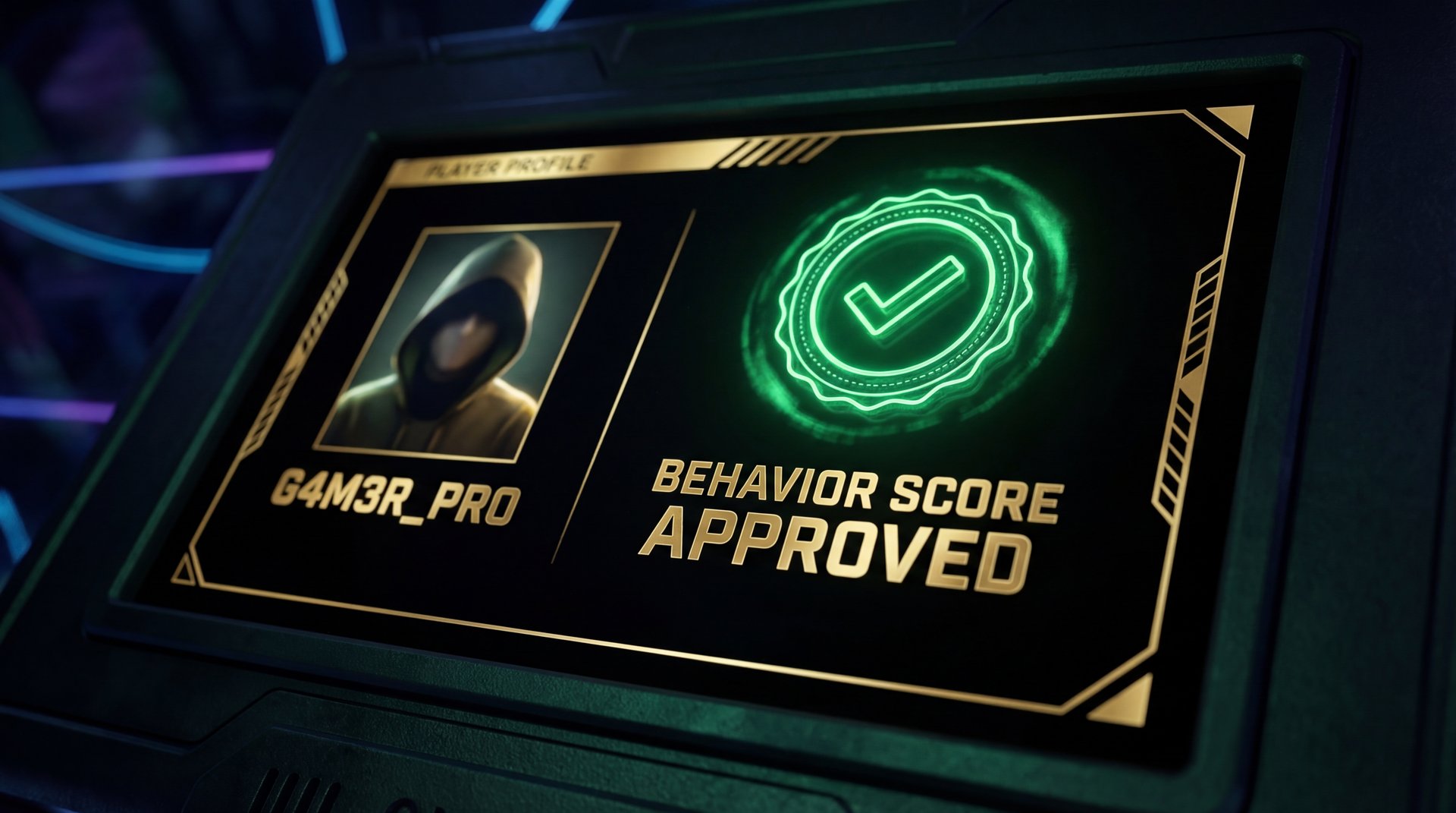 Green checkmark on Dota 2 player profile showing high Behavior Score