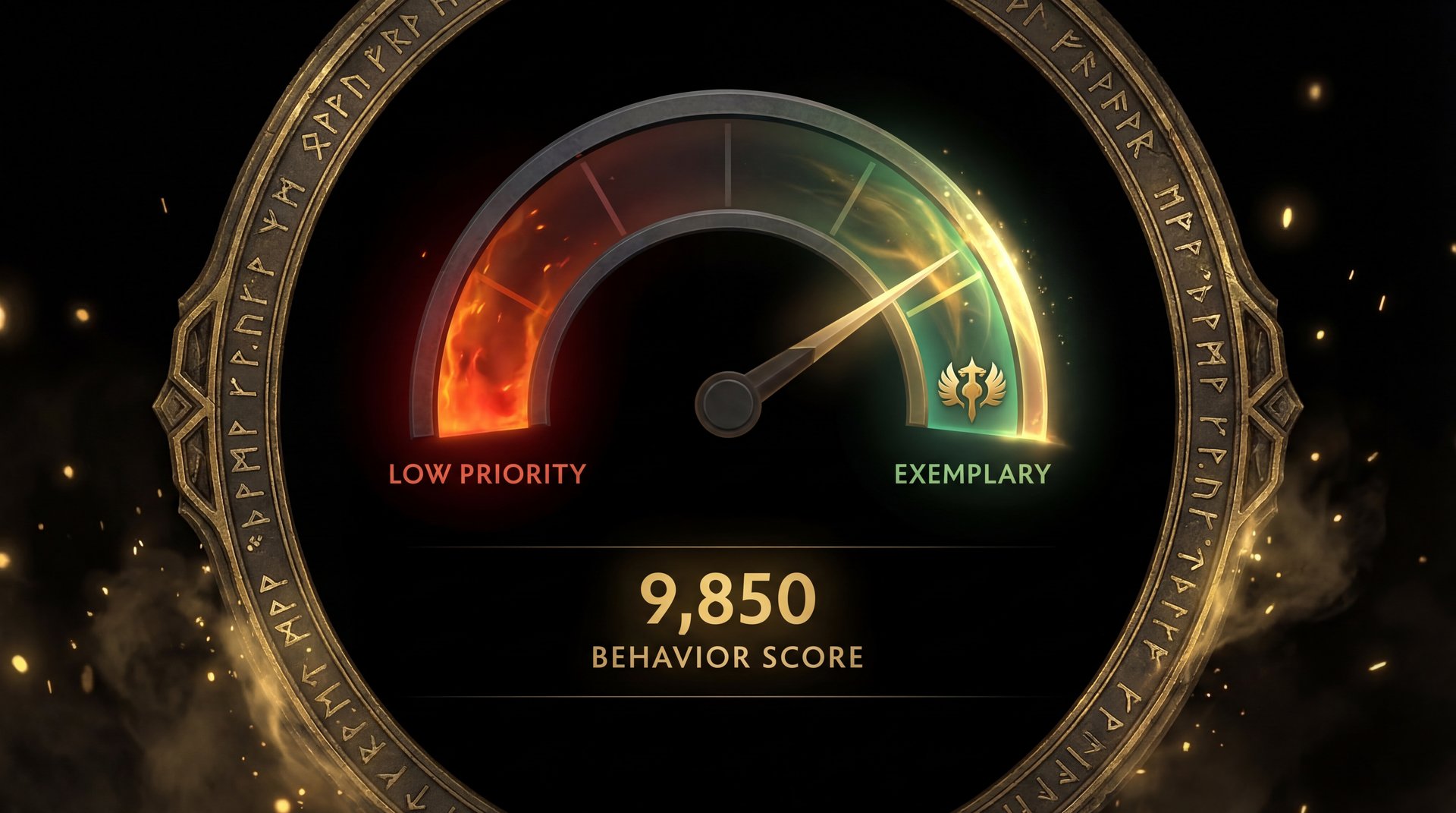 Behavior Score meter gauge transitioning from red to gold in Dota 2