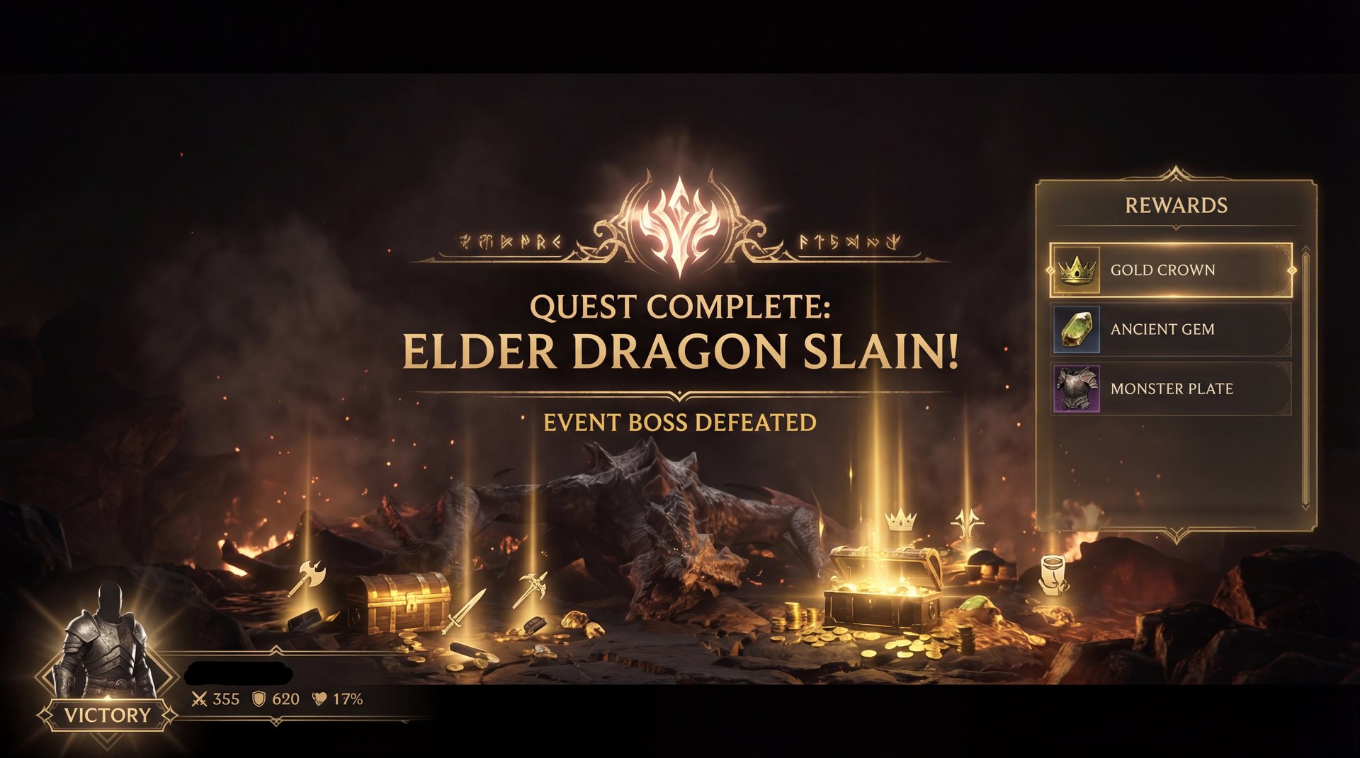 Monster Hunter event completion screen with golden rewards