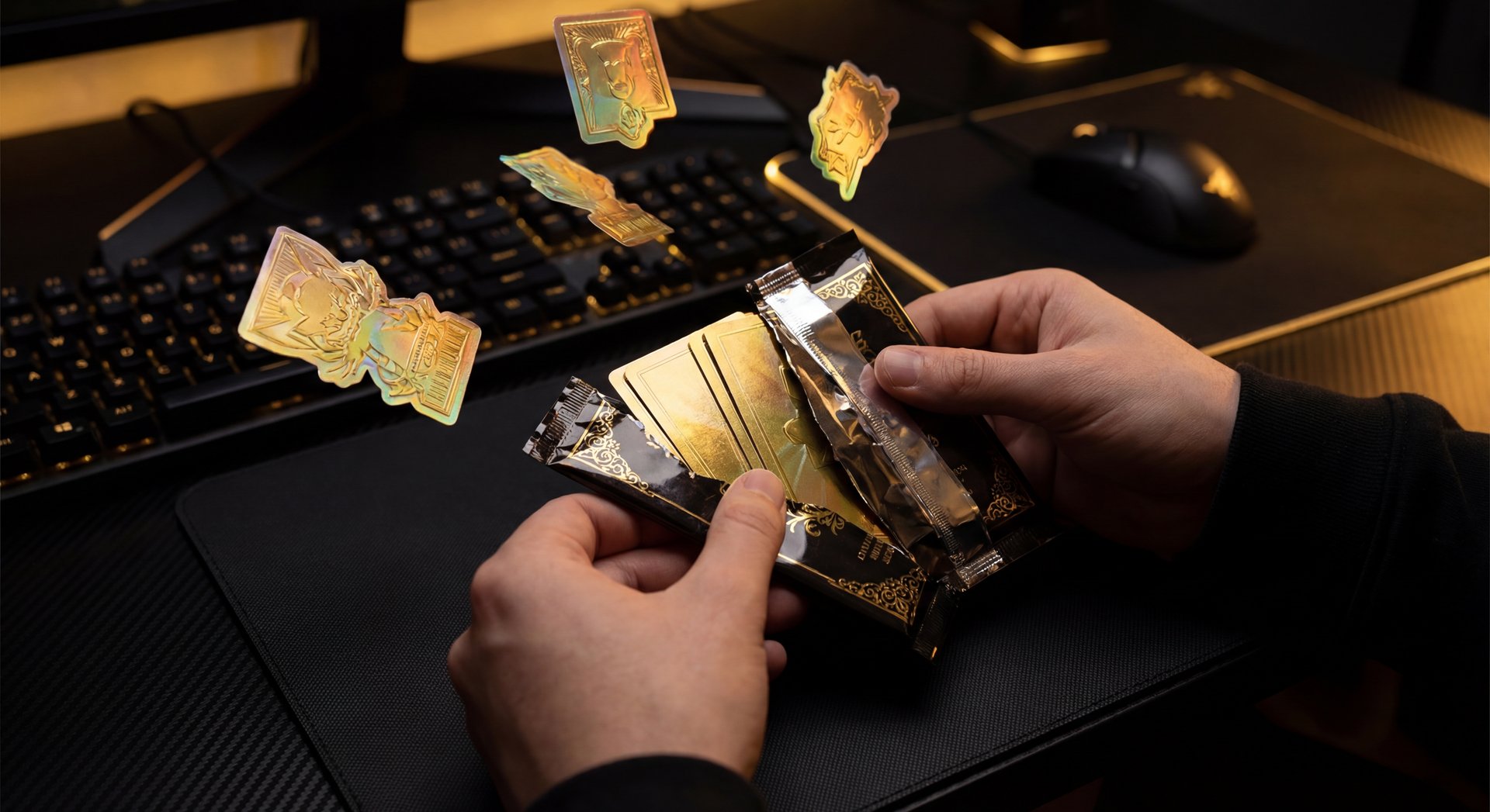 Sticker packs opening with golden stickers flying out