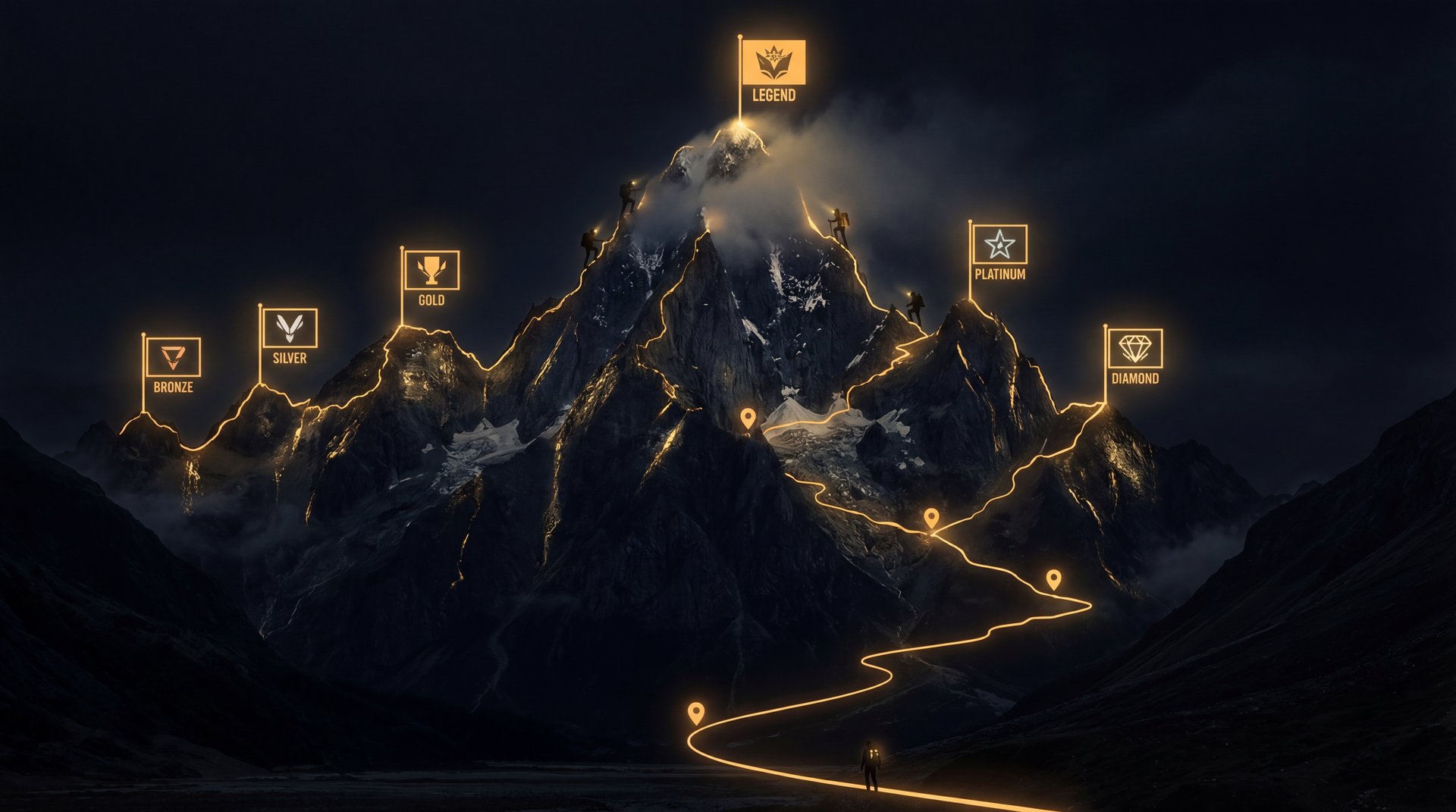 Mountain climb metaphor with rank milestones from Herald to Immortal