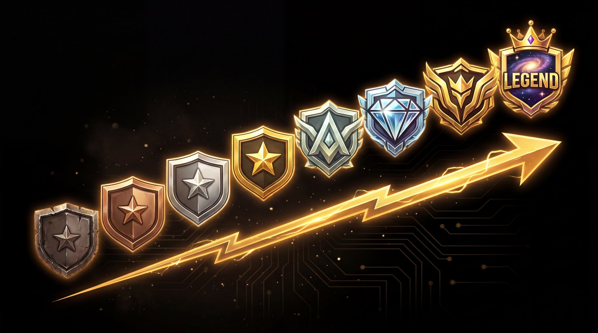 All Dota 2 rank badges lineup from Herald to Immortal with golden arrow