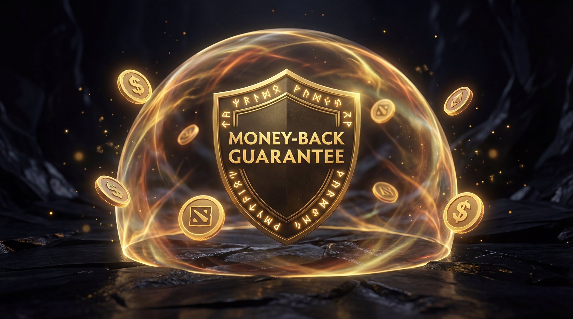 Money-back guarantee icon with protective shield for Dota 2 boost