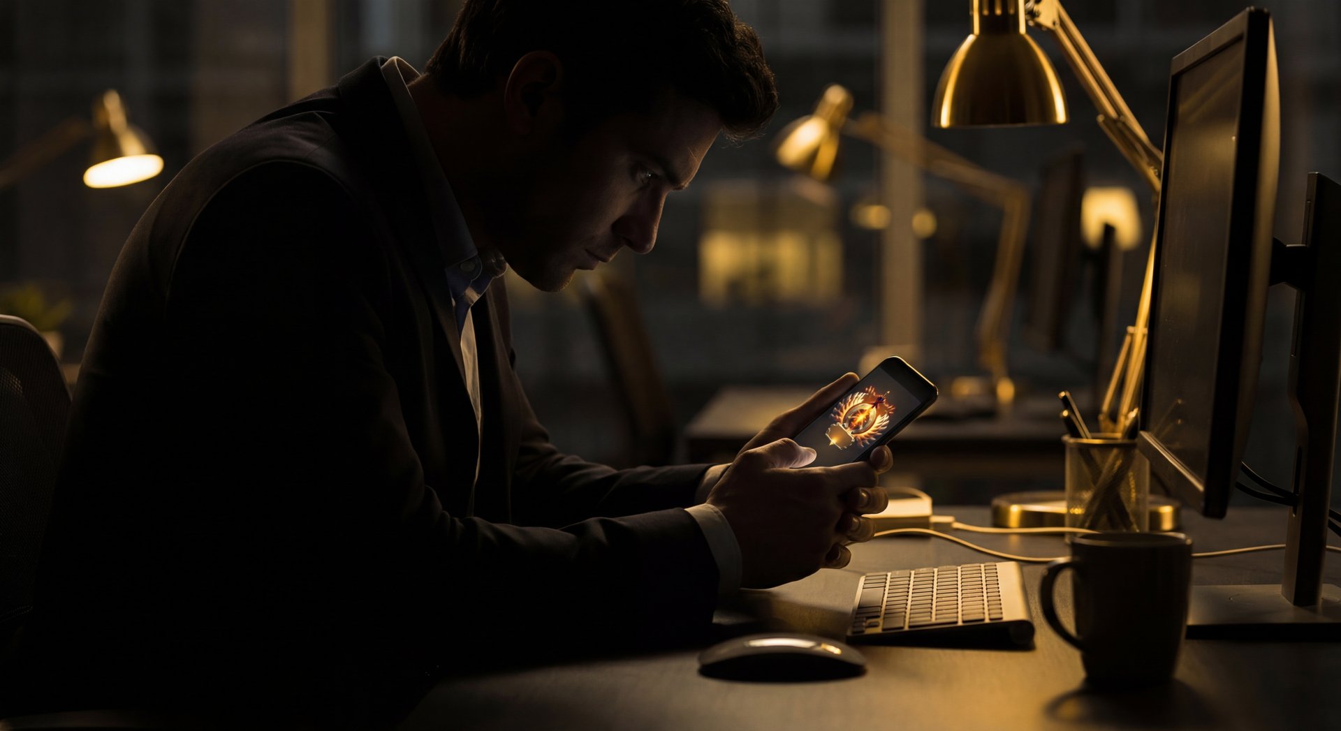 Office worker checking Dota 2 rank on phone during work break