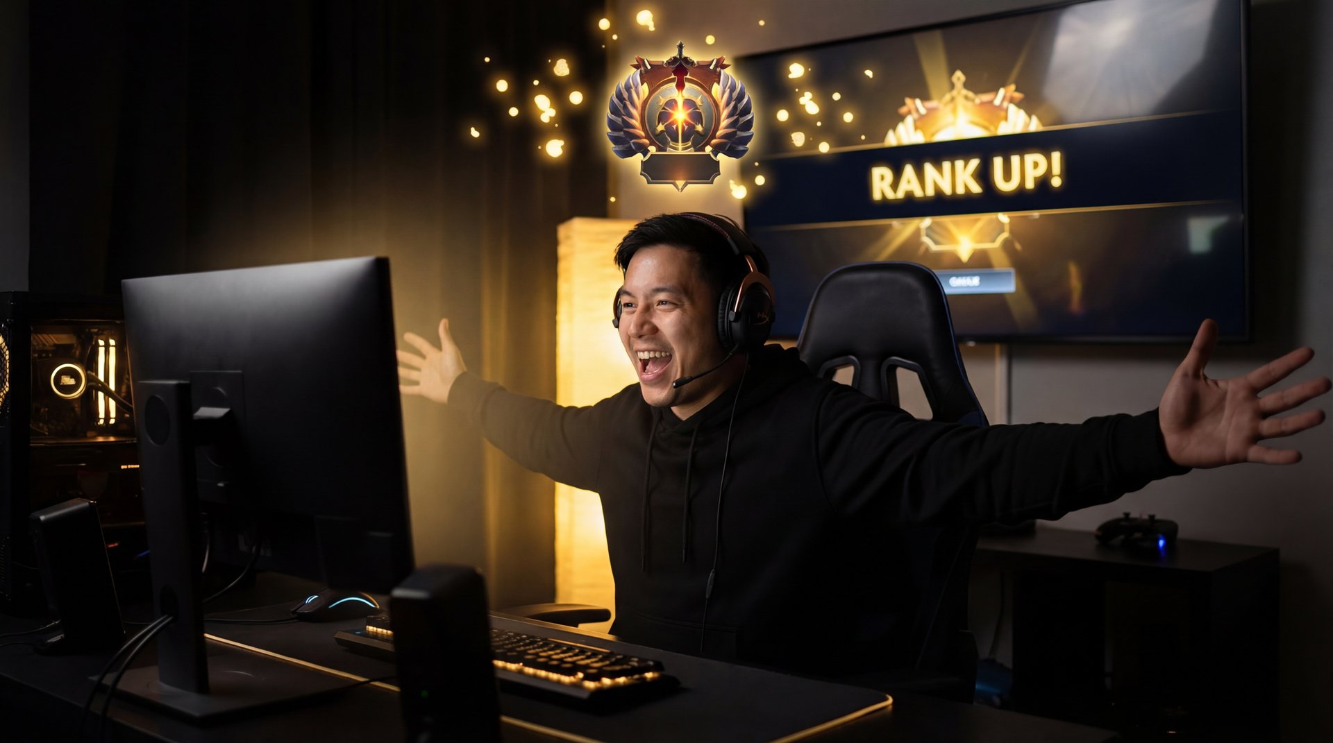 Happy gamer celebrating Dota 2 rank up after boost service