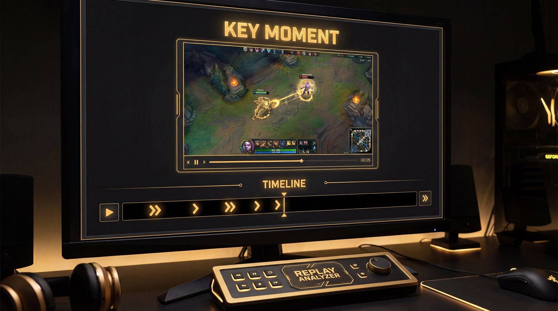 Replay analysis screen with gold highlights on key moments
