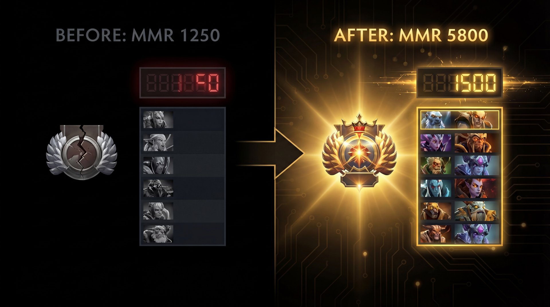 Hero icons arranged by rank suitability on dark background with gold borders