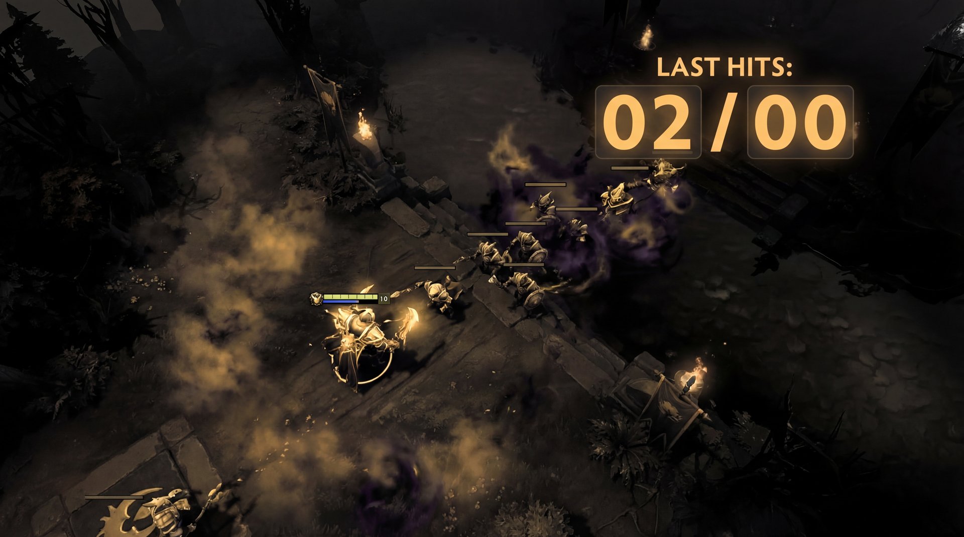 Dota 2 laning phase with last hit and deny counter showing low numbers