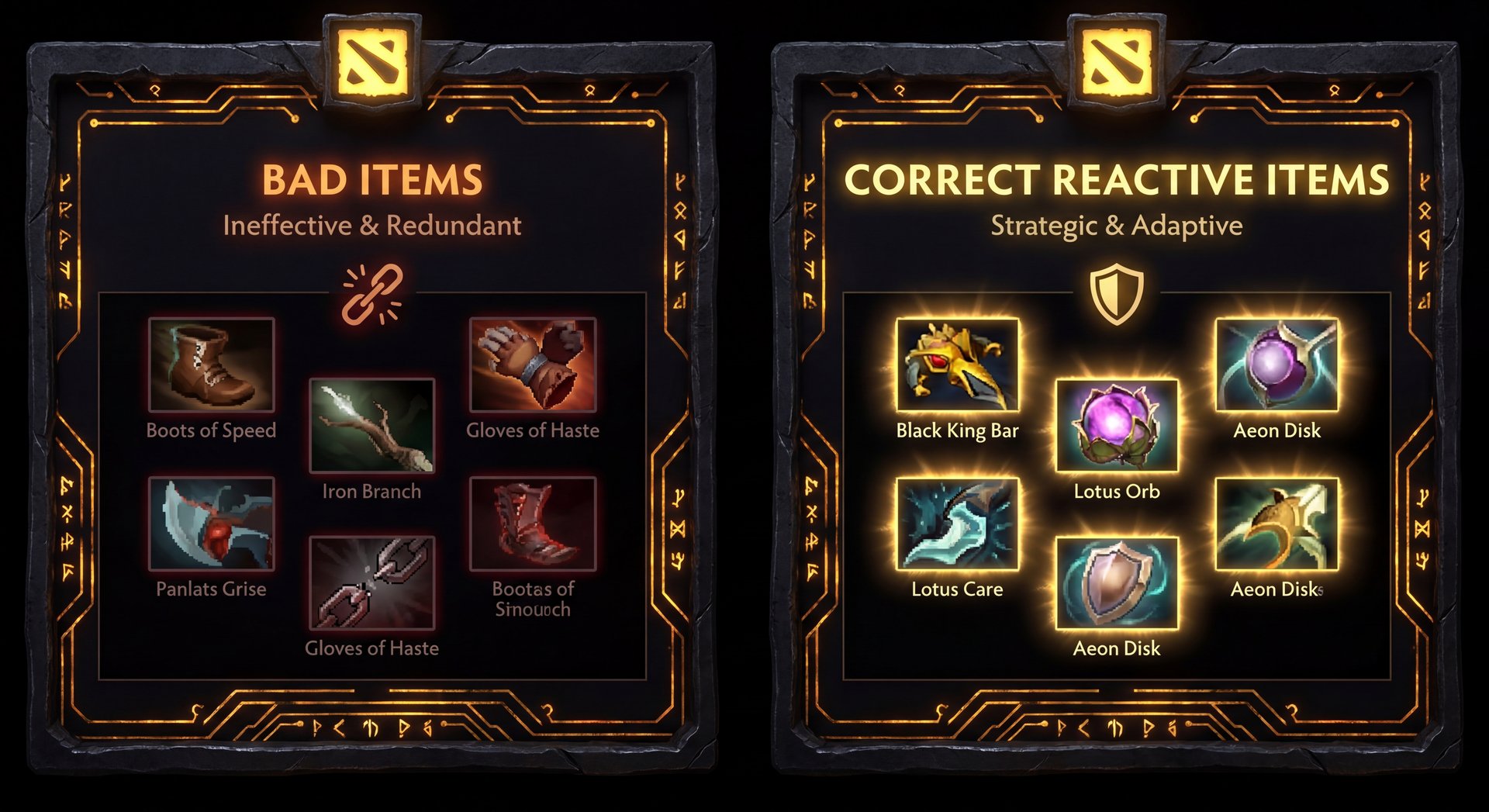 Bad item build vs good item build comparison in Dota 2 with gold accents