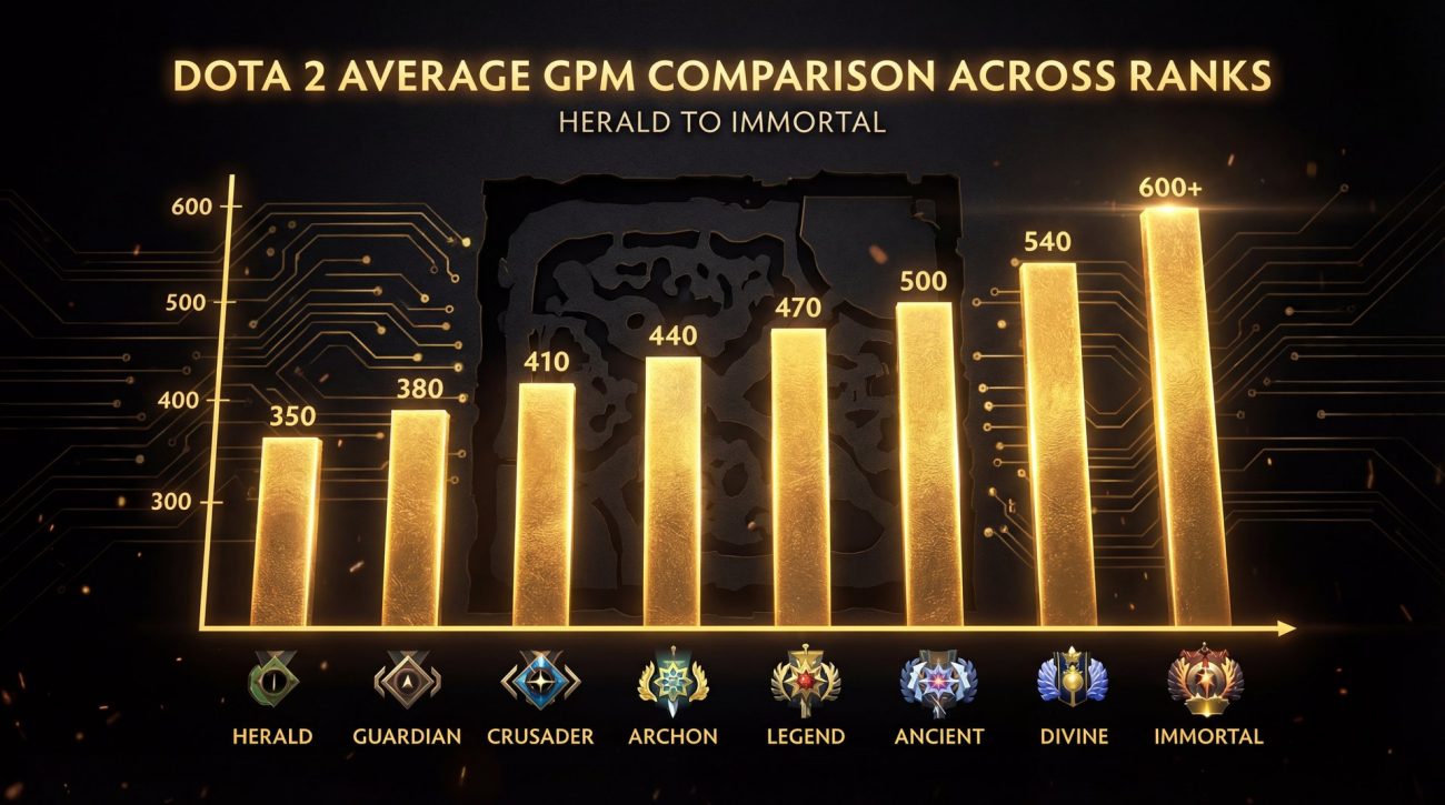 GPM comparison chart across all Dota 2 ranks