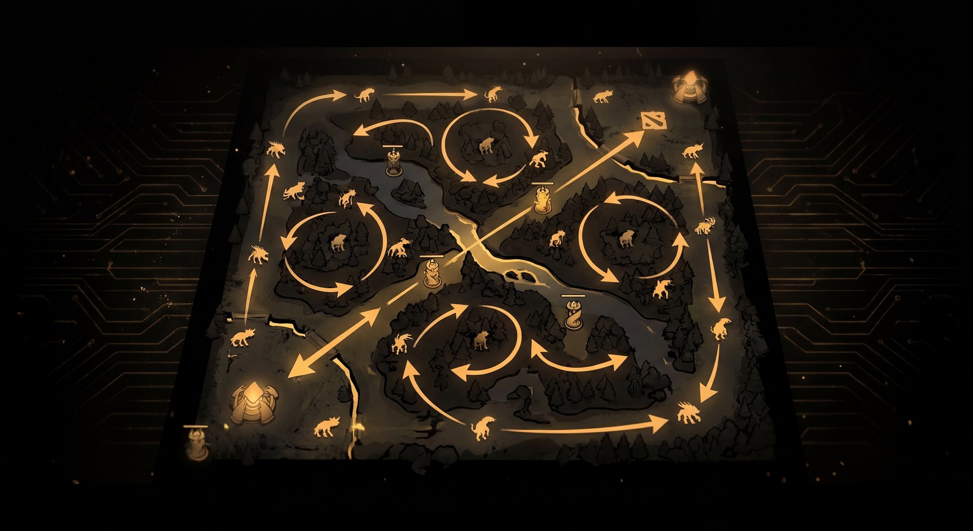 Jungle farming route patterns on Dota 2 minimap with gold path lines