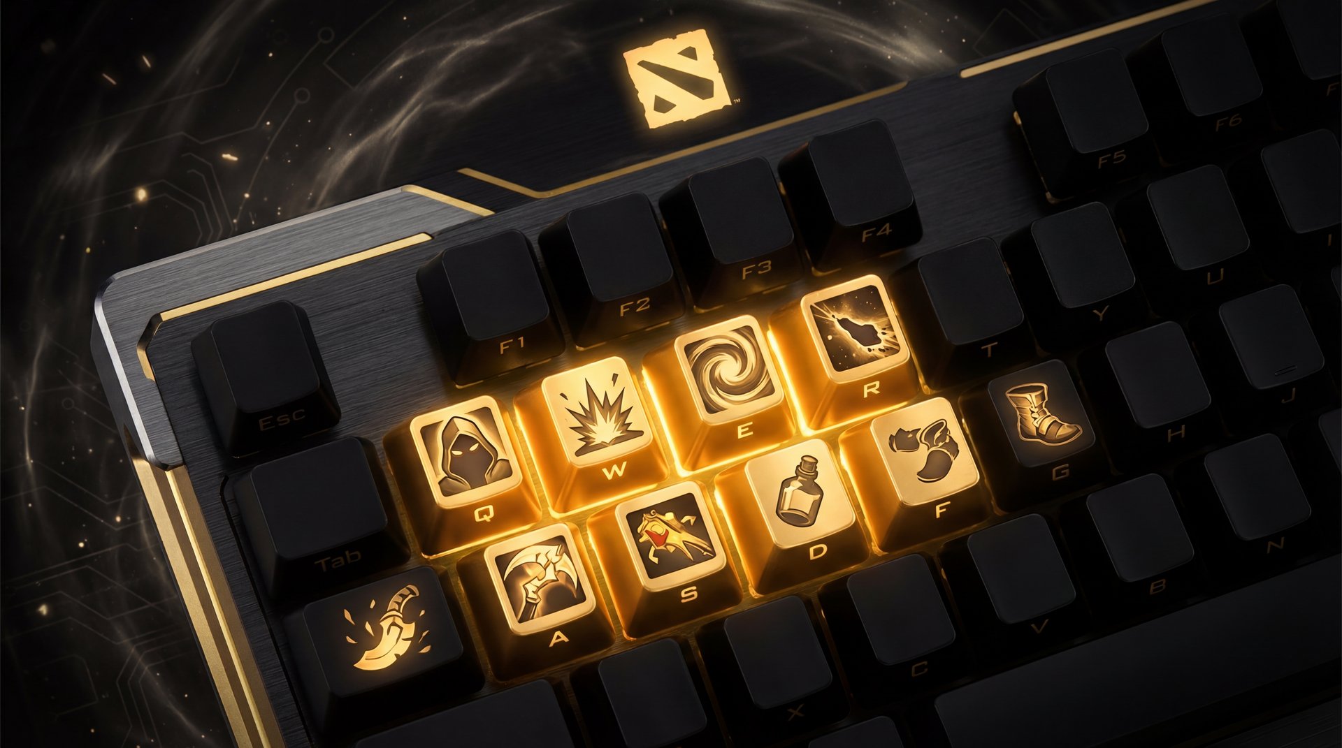 Dota 2 hotkey layout diagram with gold accents