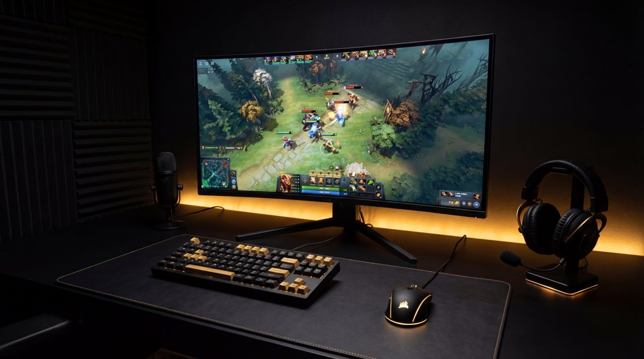 Professional Dota 2 gaming setup with golden overlay