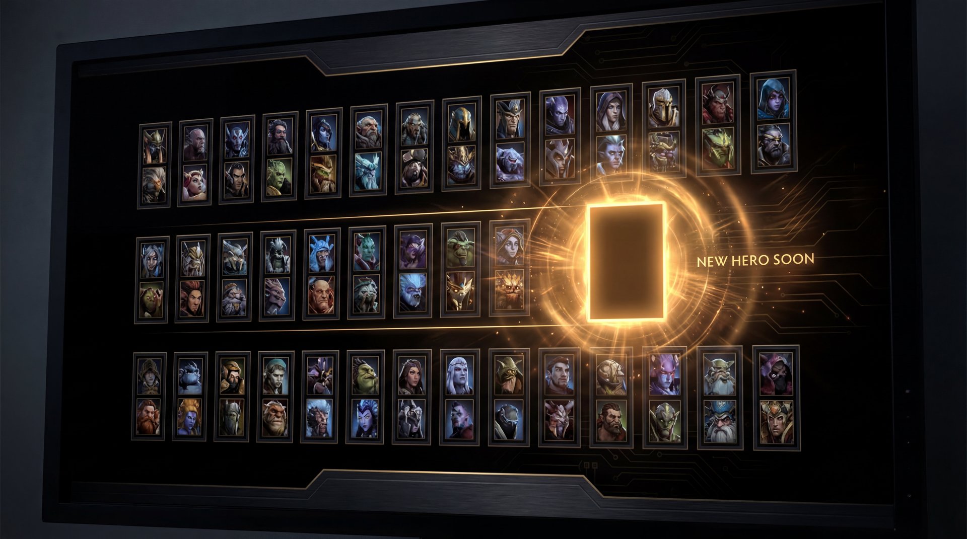 Hero roster grid with empty glowing slot
