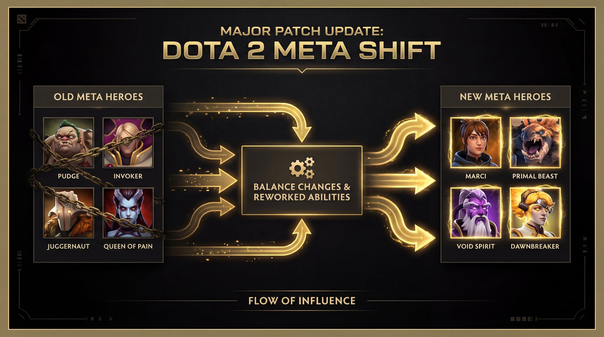 Dota 2 meta shift diagram showing hero tier changes
