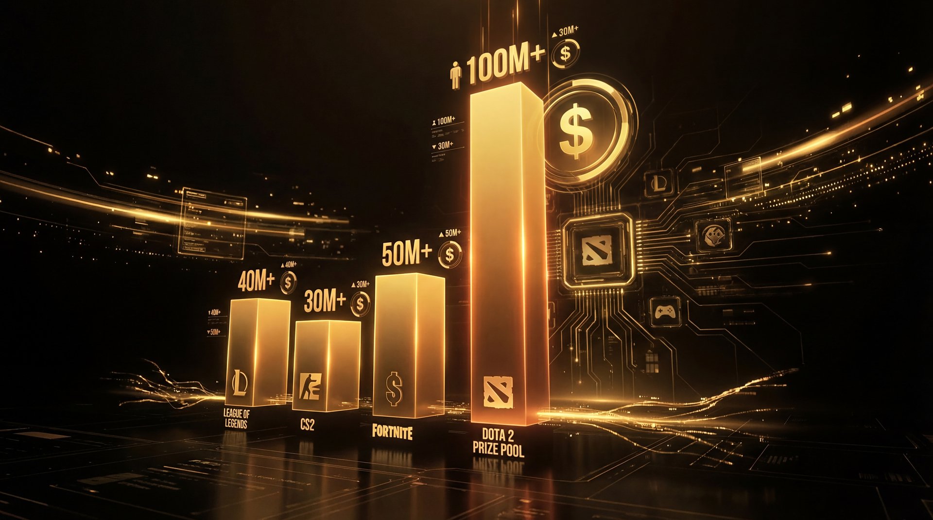 Dota 2 pro player streaming setup with gold and black aesthetic