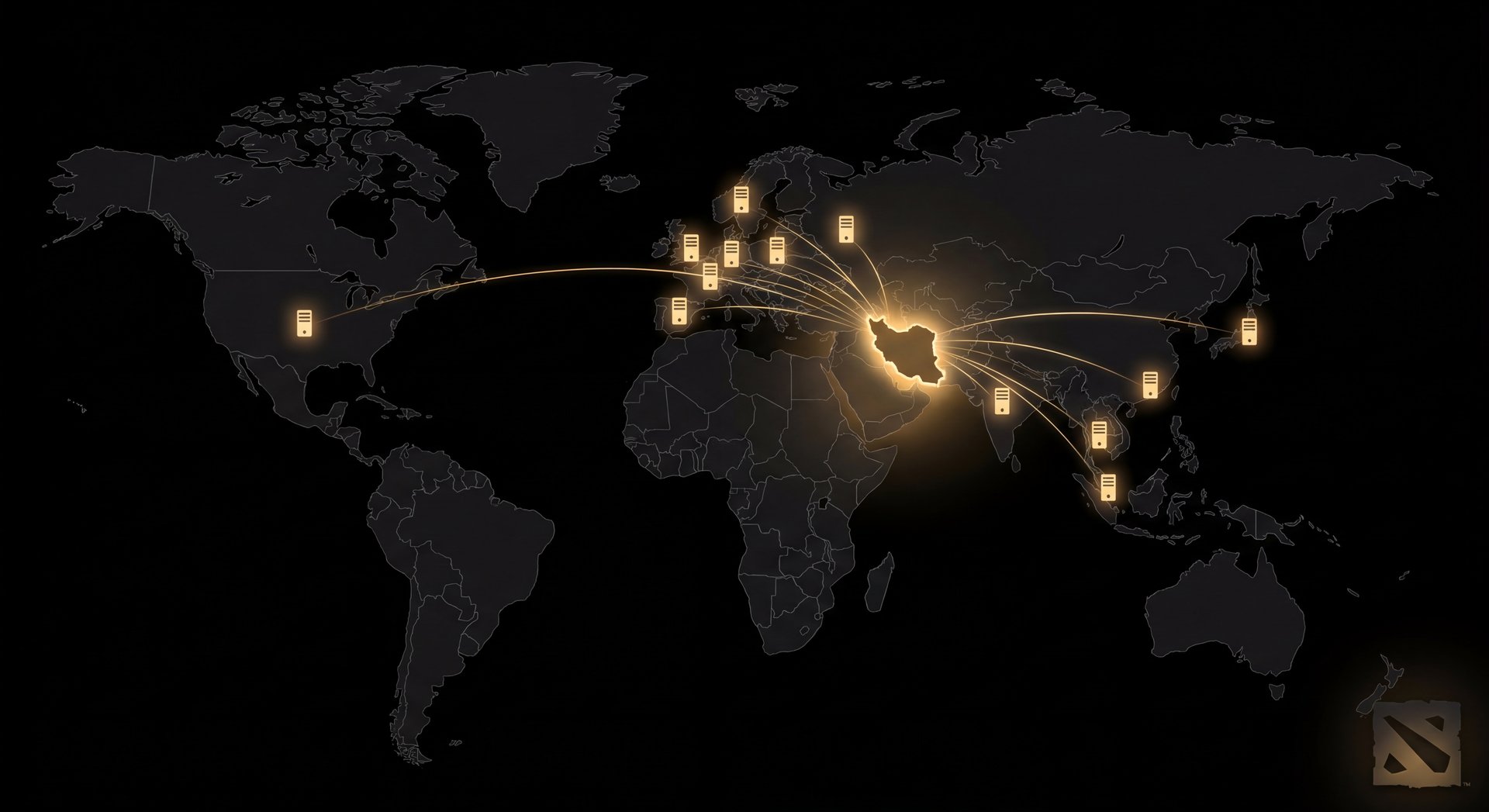 Iran highlighted on world Dota 2 map with gold glow on black background