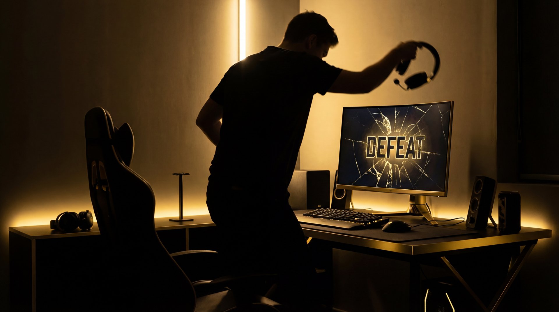 Dota 2 player rage quit concept with red and gold on black background