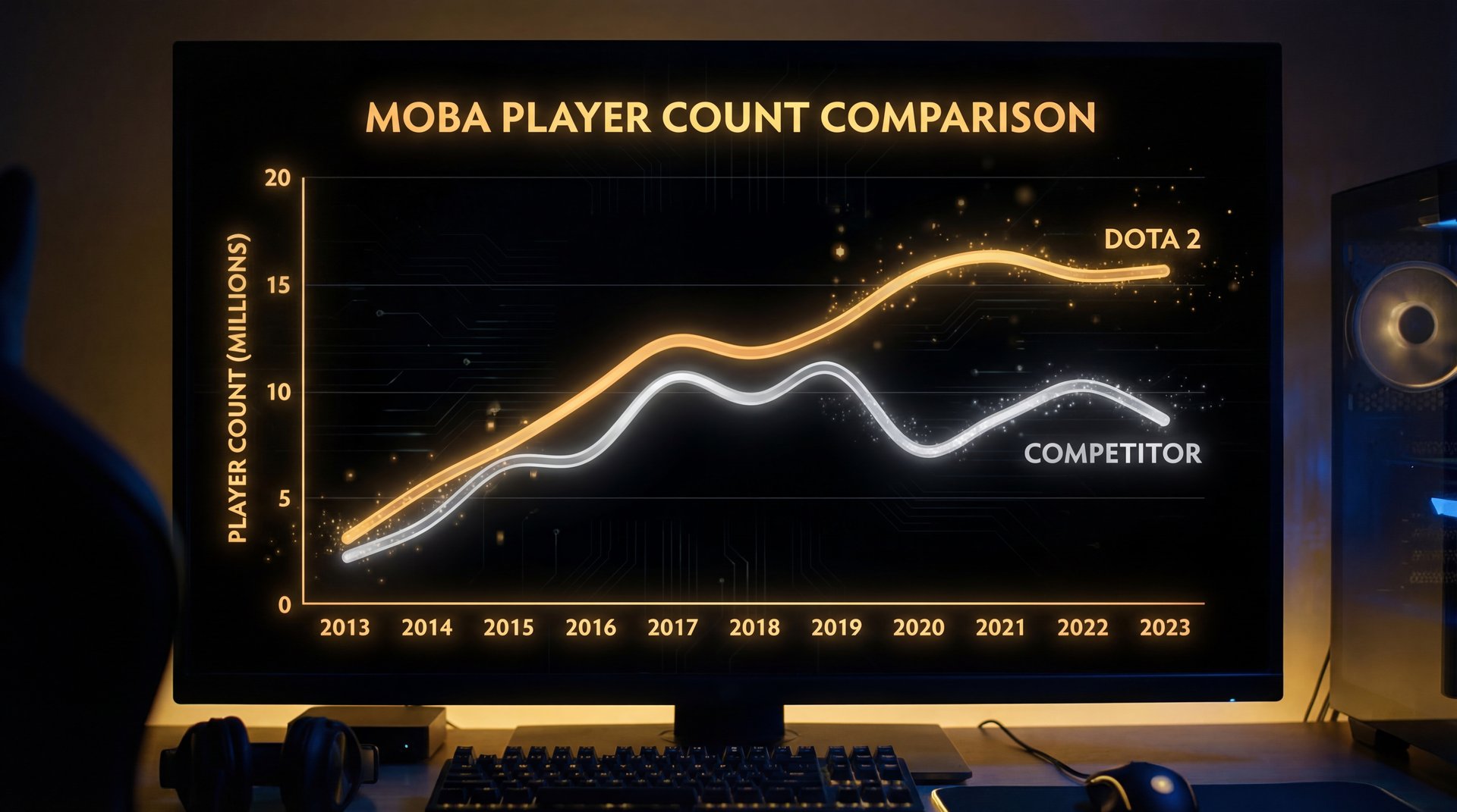 Dota 2 complexity and depth comparison visualization gold on black