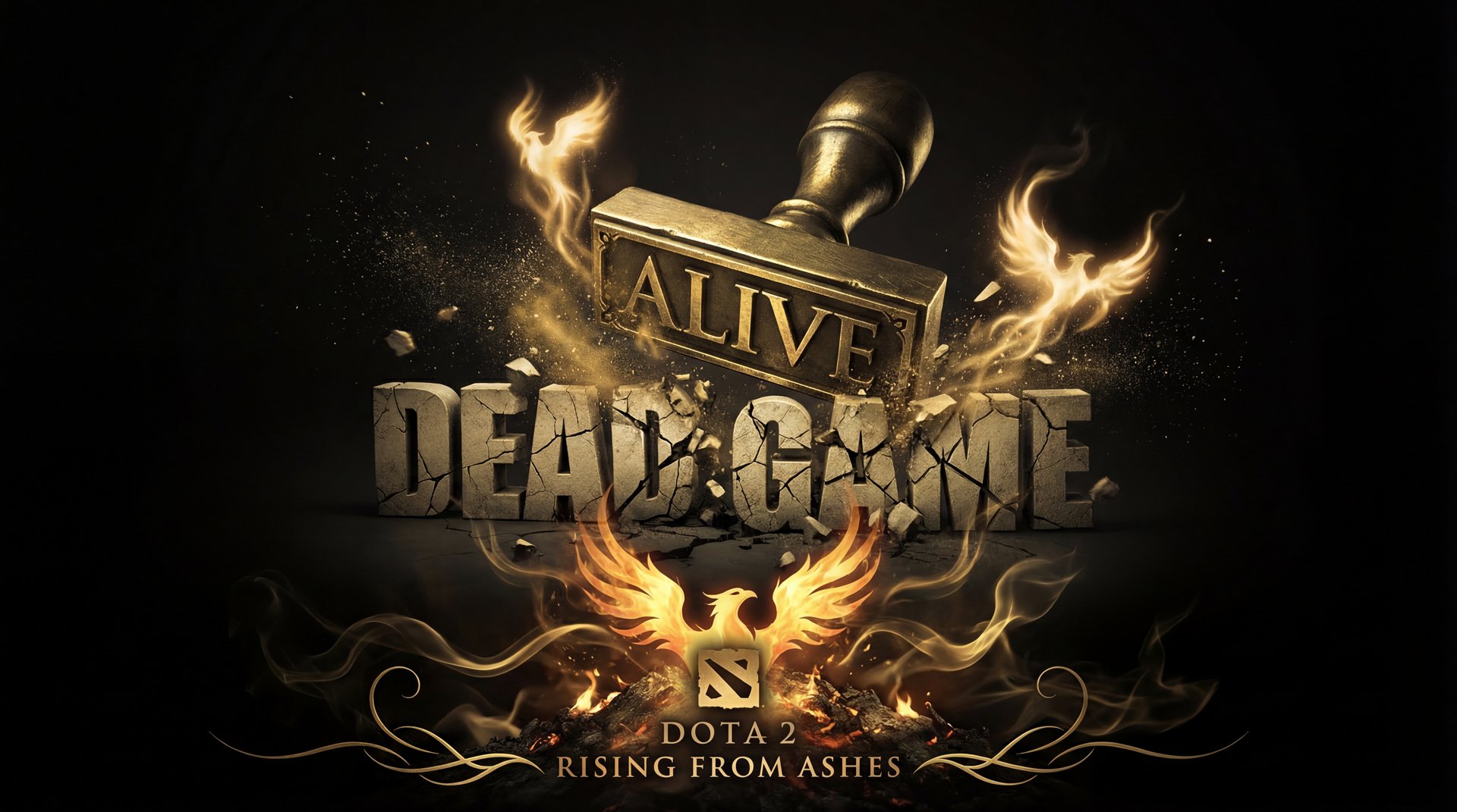 Dead game meme with golden ALIVE stamp over Dota 2 logo
