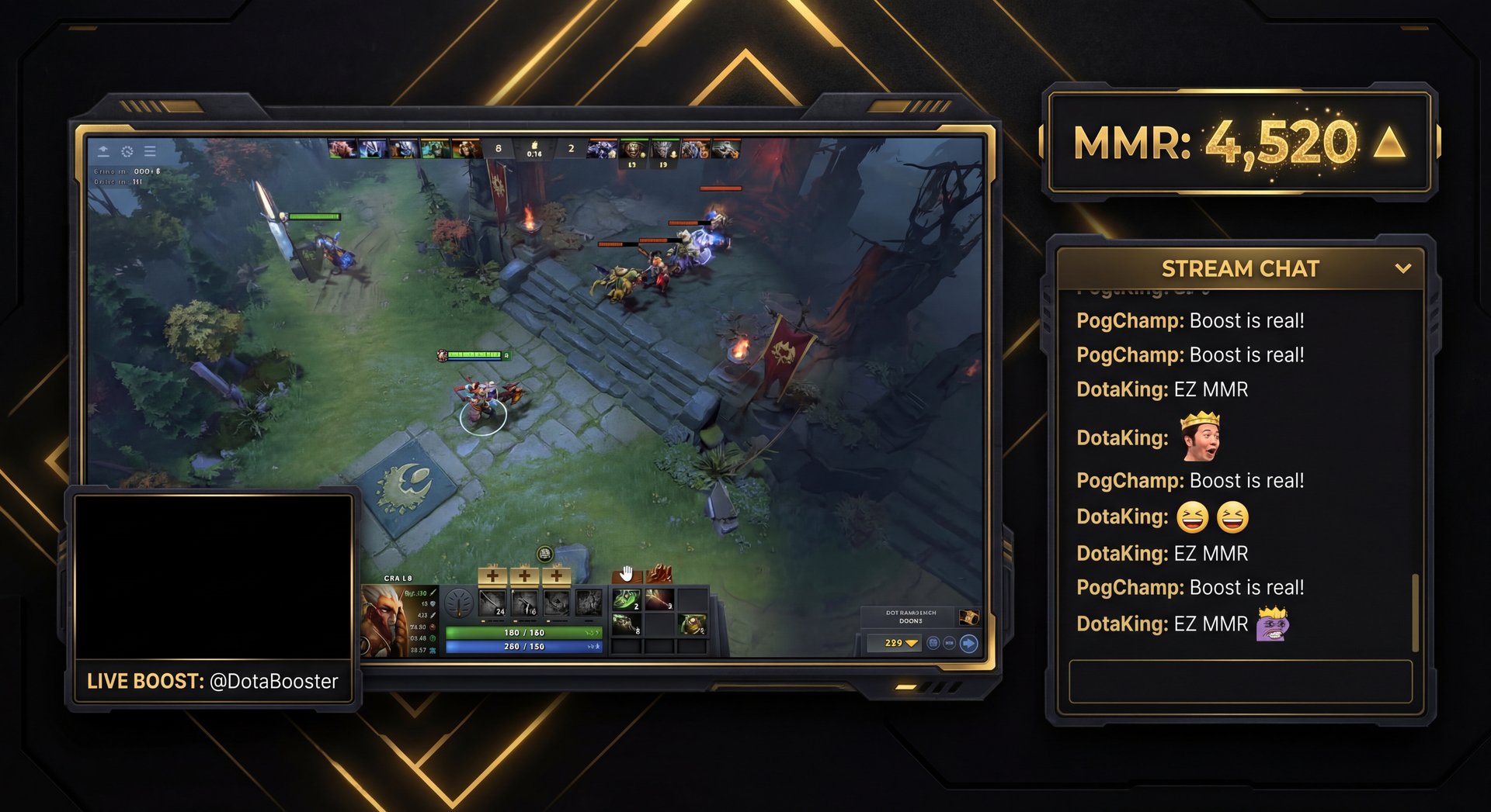 Live stream overlay with MMR counter showing TeamSmurf boost session