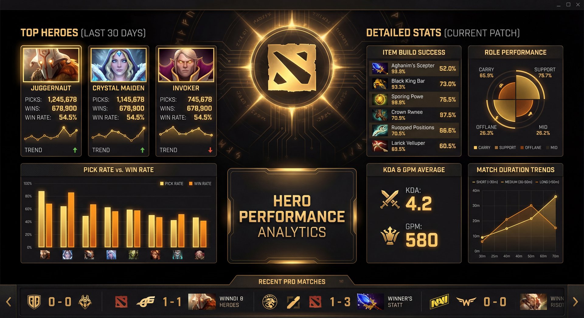 OpenDota hero statistics dashboard with golden data visualization