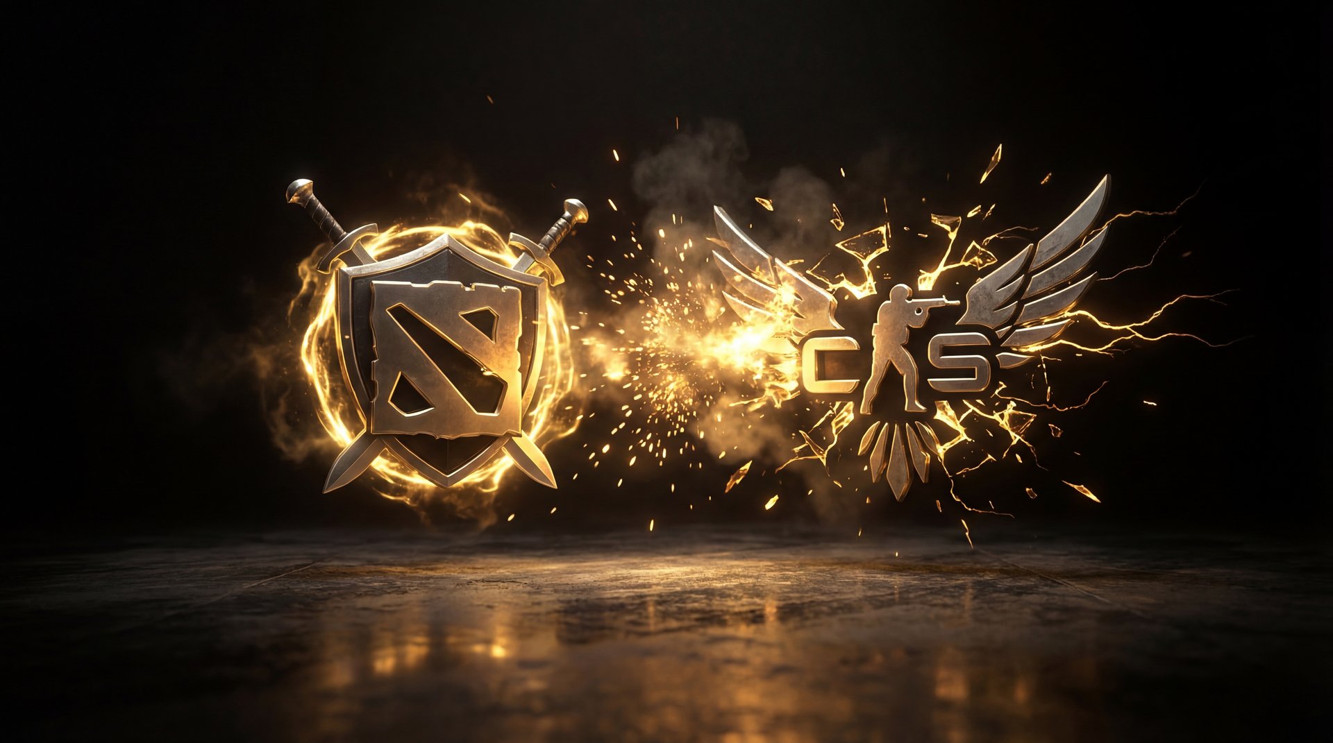 Feature comparison infographic between Dota 2 and CS2 with golden elements