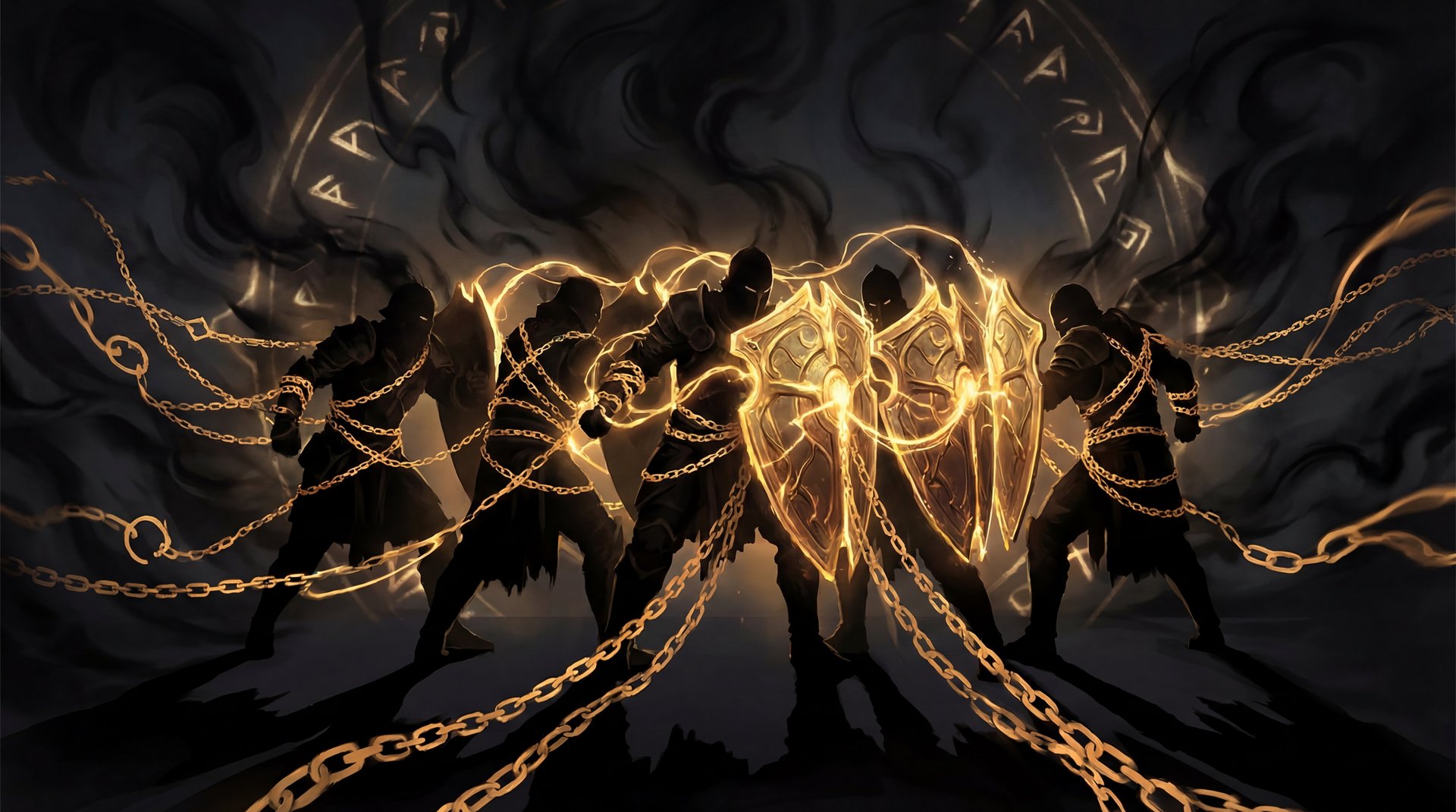 Roster stability concept art showing five warriors connected by golden chains in Dota 2