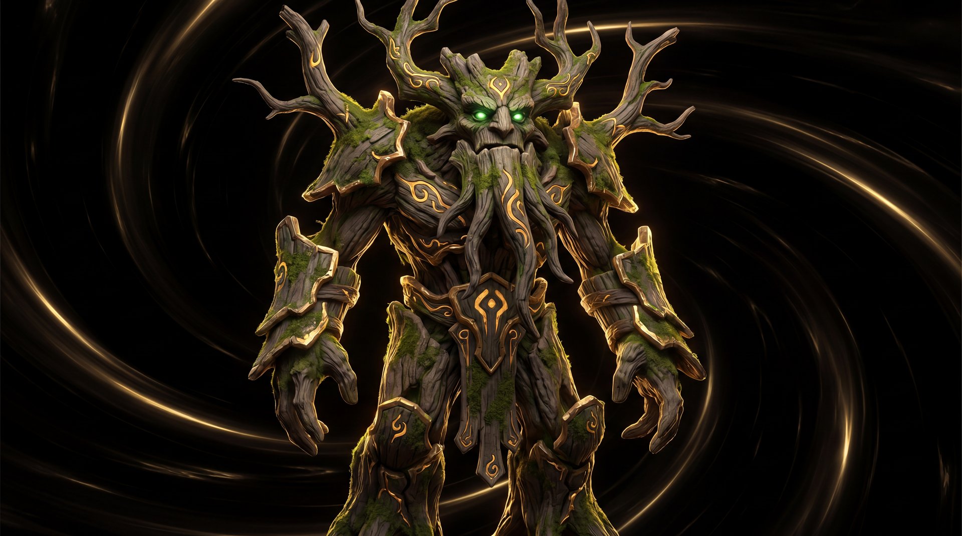 Treant Protector cinematic portrait with gold accents on black background
