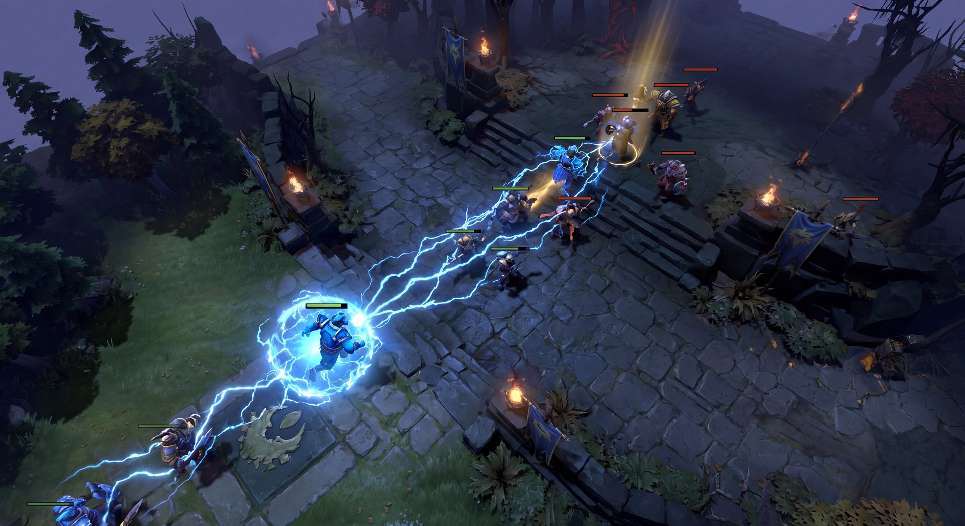 Storm Spirit using Ball Lightning in a high speed mid lane fight