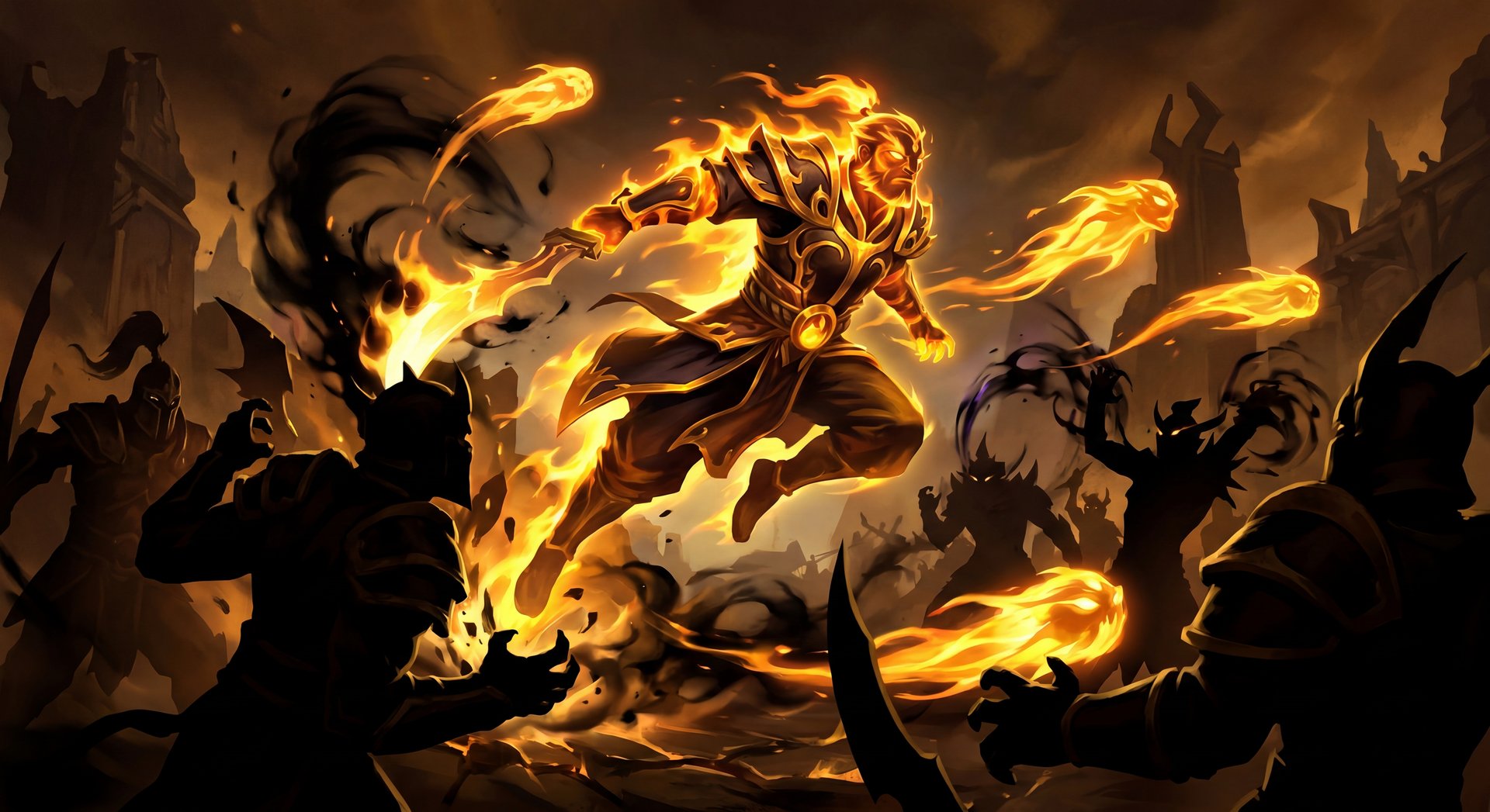 Ember Spirit in late game teamfight with dark gold cinematic style