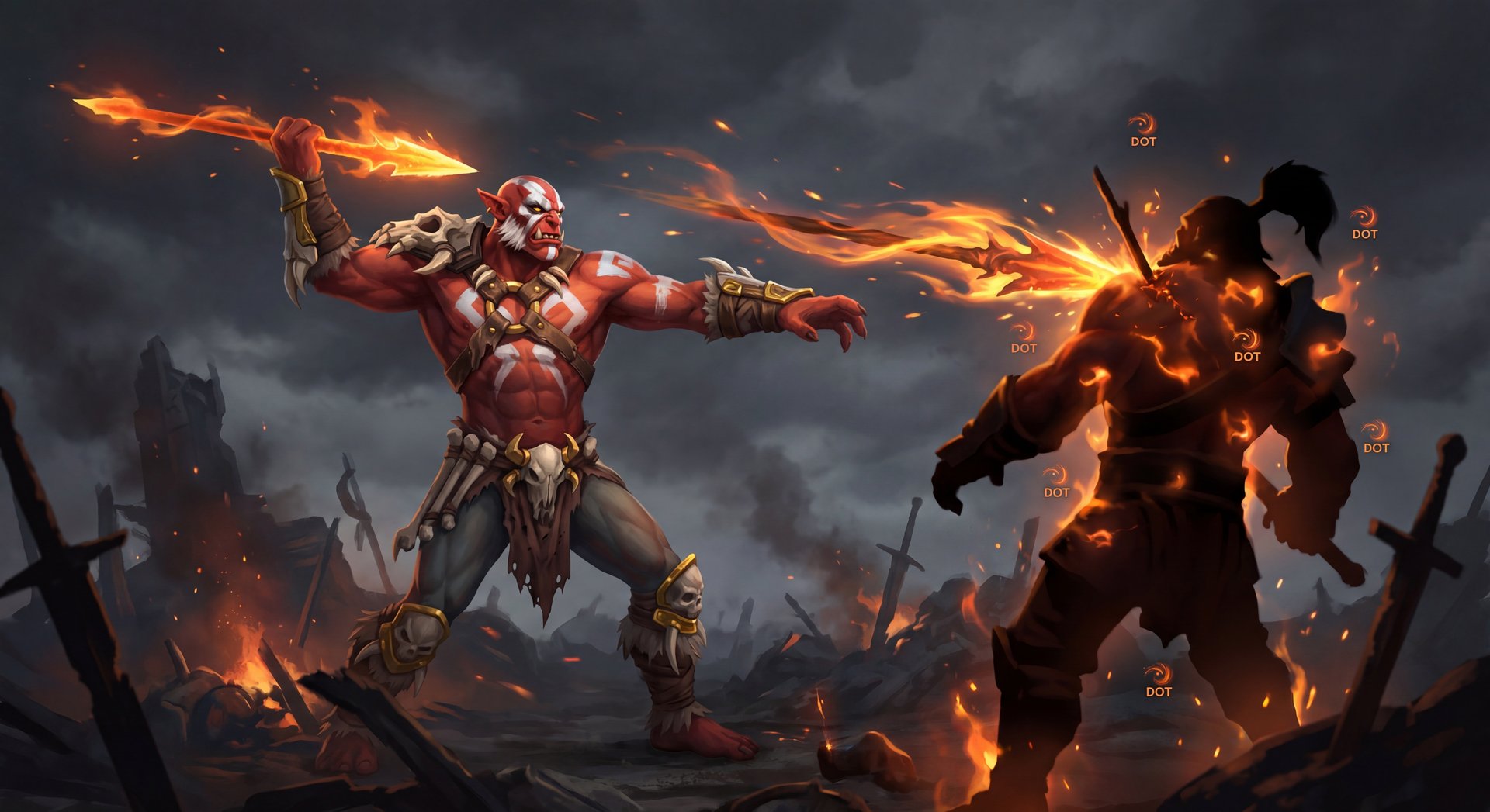 Huskar throwing his burning spear with fire damage over time effect on enemy hero
