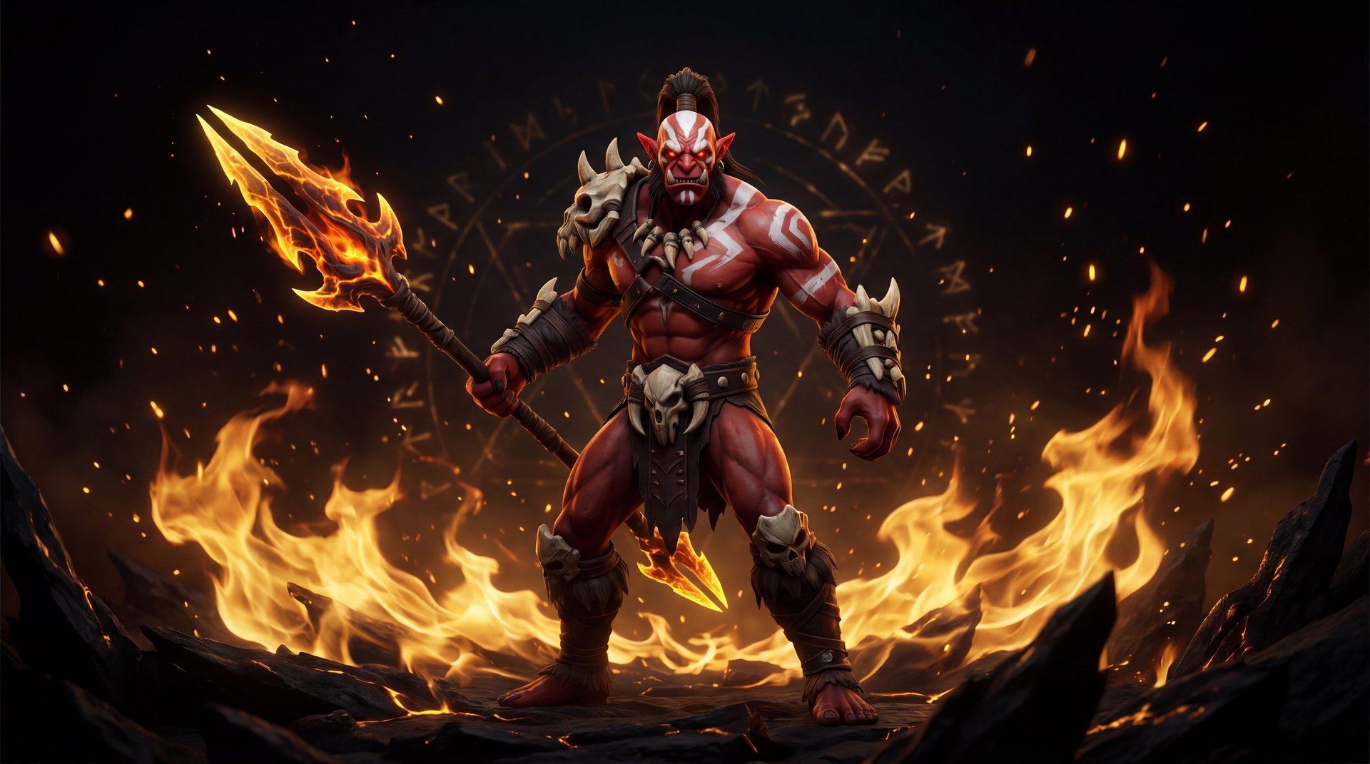 Huskar the Sacred Warrior standing in golden flames with his burning spear ready for battle