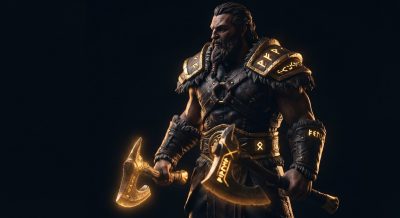Beastmaster cinematic portrait with gold accents