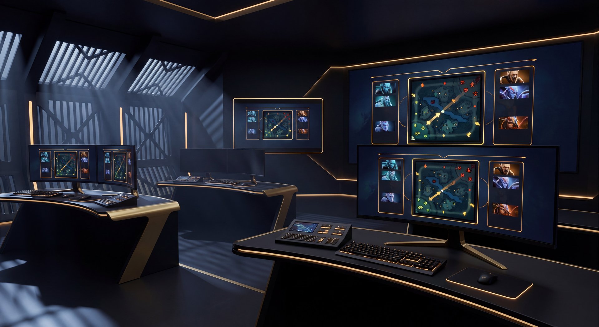 Professional Dota 2 meta analysis control room in black and gold