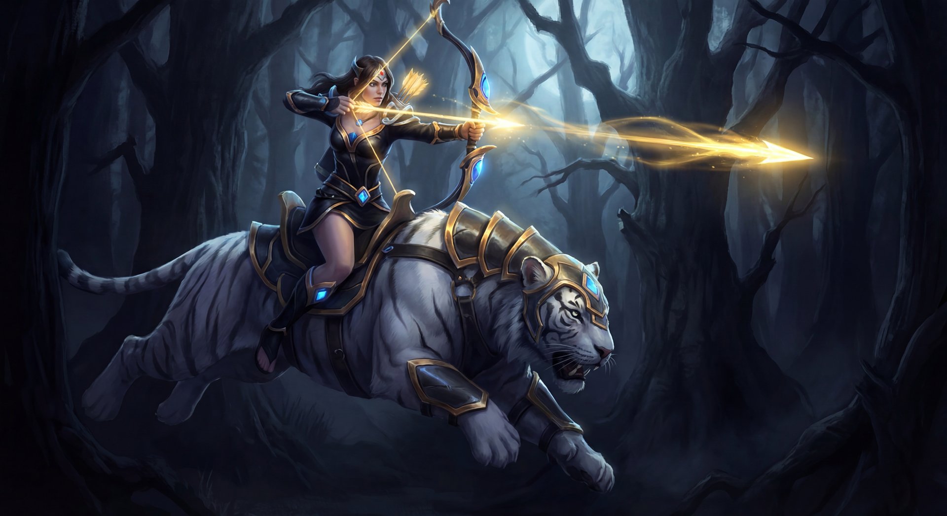 Mirana Sacred Arrow flying across battlefield moonlit scene Dota 2 authentic art